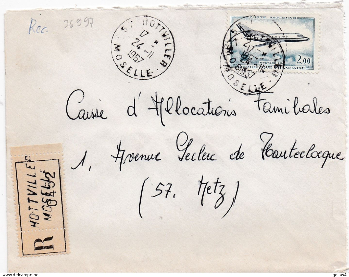 36997# LETTRE FRANCHISE PARTIELLE RECOMMANDE Obl HOTTVILLER MOSELLE 1967 Pour METZ 57 - Covers & Documents