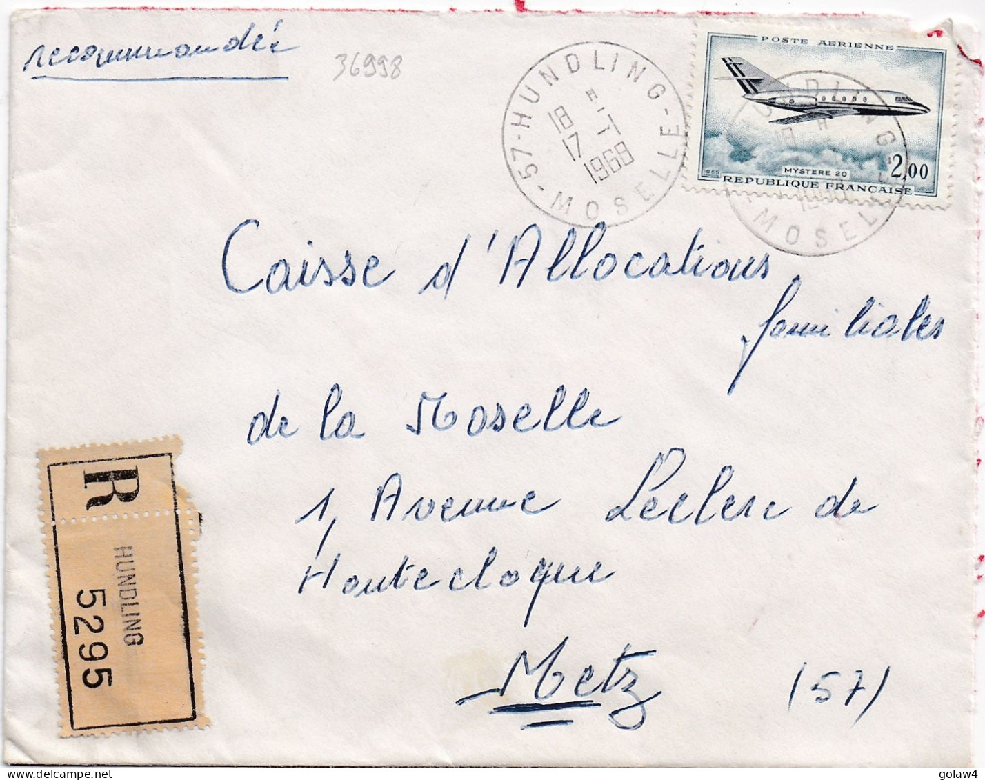 36998# LETTRE FRANCHISE PARTIELLE RECOMMANDE Obl HUNDLING MOSELLE 1968 Pour METZ 57 - Brieven En Documenten