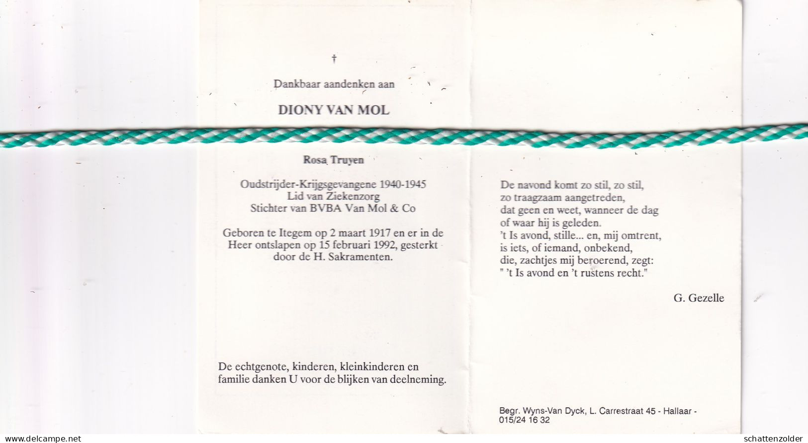 Diony Van Mol-Truyen, Itegem 1917, 1992. Oud-strijder 40-45, Foto - Obituary Notices