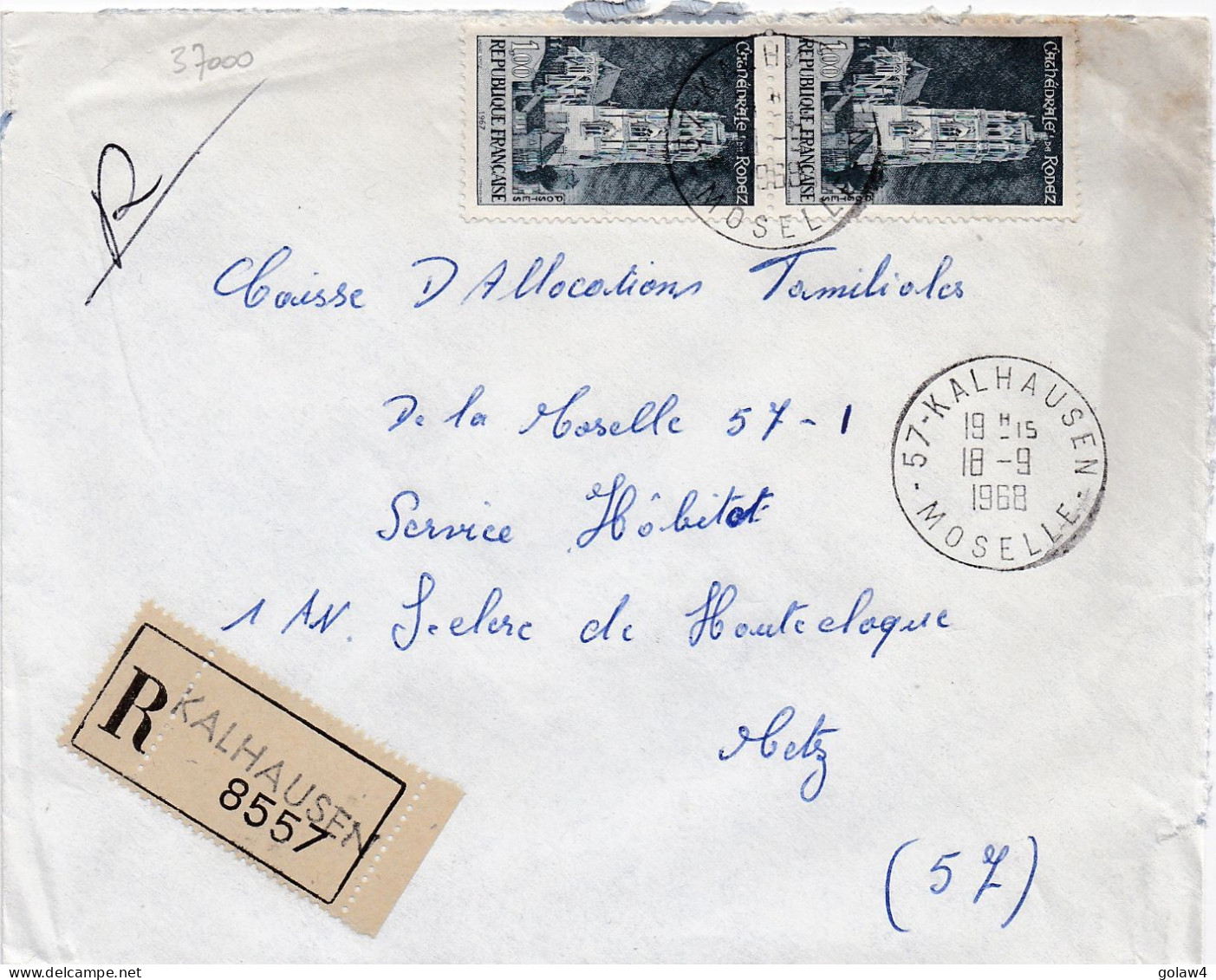 37000# LETTRE FRANCHISE PARTIELLE RECOMMANDE Obl KALHAUSEN MOSELLE 1968 Pour METZ 57 - Cartas & Documentos