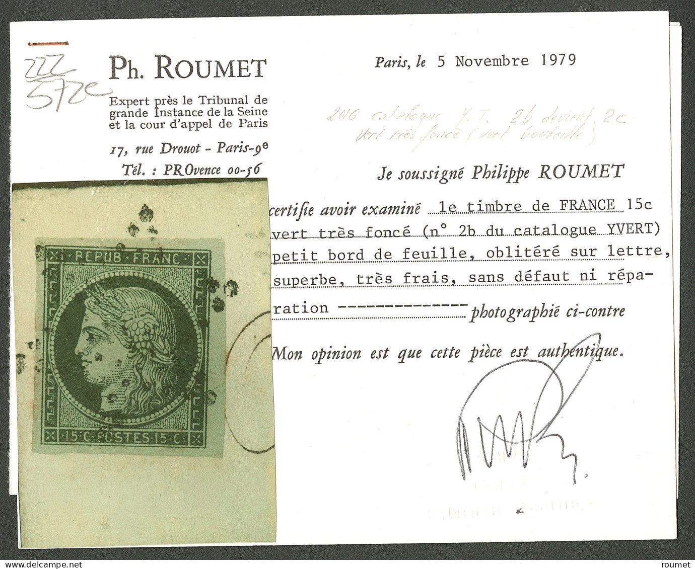 Lettre. No 2c, Vert Très Foncé, Petit Bdf, Obl étoile Sur Lettre De Janv 53 Pour Paris. - TB - R - 1849-1850 Cérès