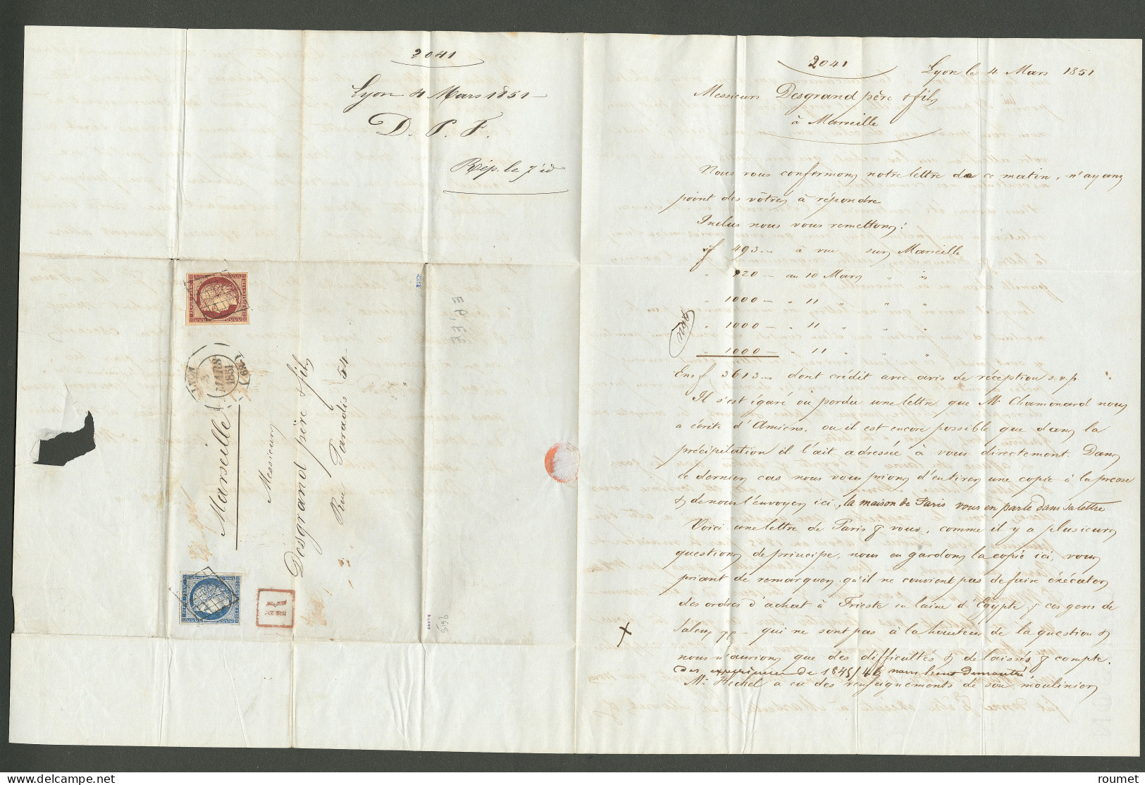 No 4 + 6, Obl Grille Sur Lettre Avec Cad D'essai Octogonal  De Lyon 4 Mars 51, Recommandée Pour Marseille, Pièce Superbe - 1849-1850 Ceres