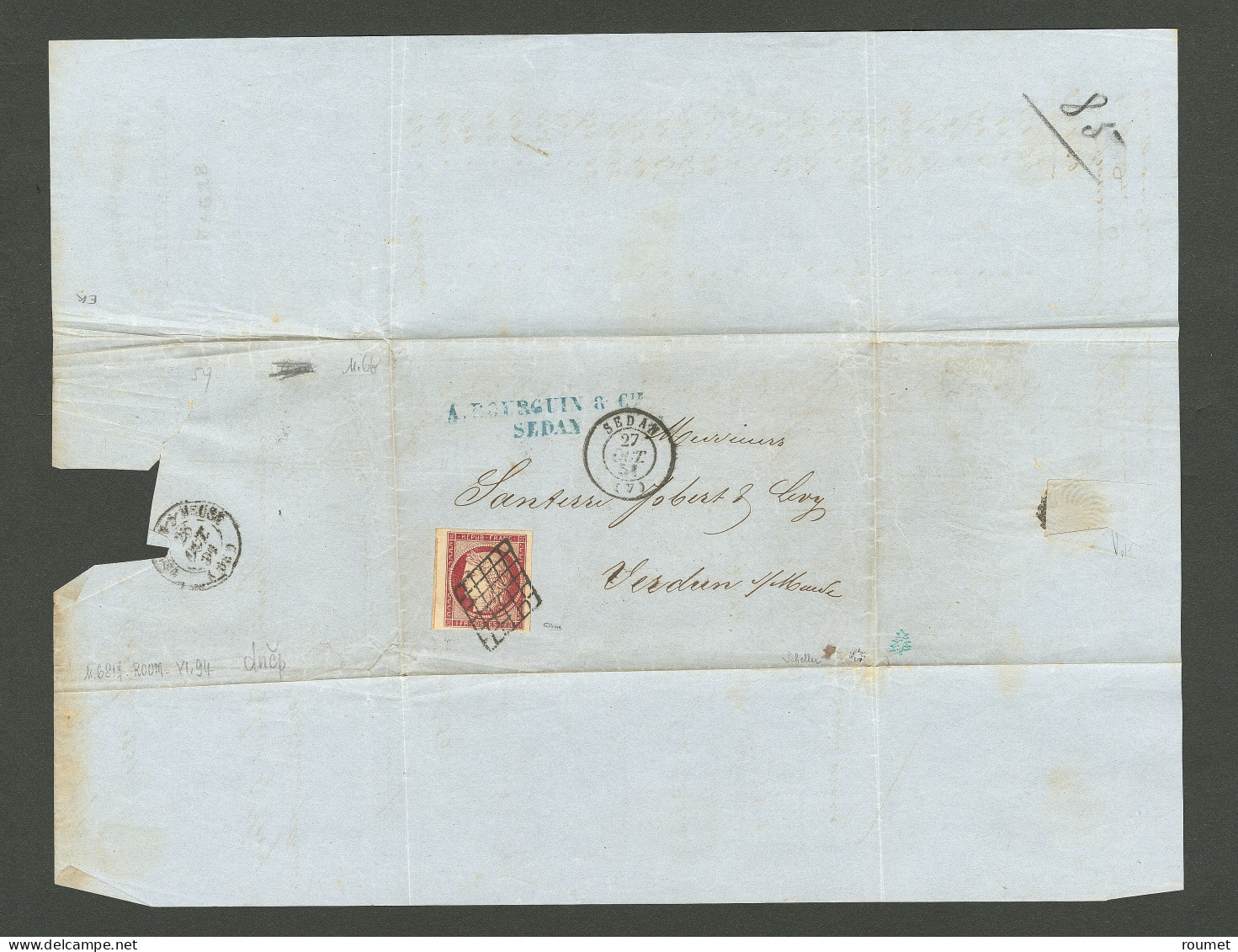 Lettre.  No 6B, Carmin-brun, Bdf + Un Voisin, Obl Grille Sur Lettre En Triple Port De Sedan Oct 51 Pour Verdun. - TB. -  - 1849-1850 Ceres