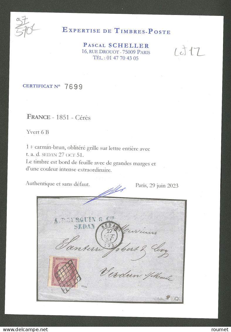 Lettre.  No 6B, Carmin-brun, Bdf + Un Voisin, Obl Grille Sur Lettre En Triple Port De Sedan Oct 51 Pour Verdun. - TB. -  - 1849-1850 Cérès