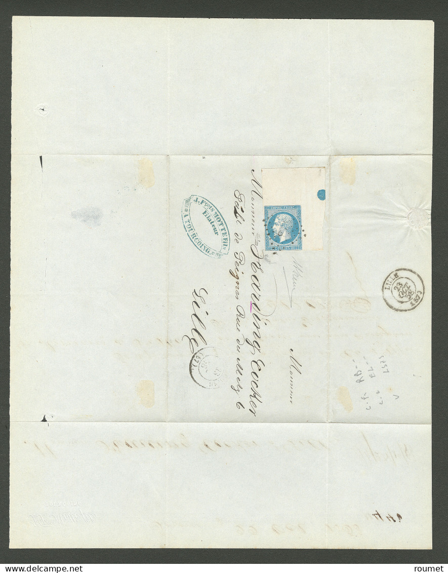 No 14A, Bleu Type I, Cdf Intégral Avec Rond De Repère, Obl Pc 3388, Sur Lettre D'Oct 58 Pour Lille, Superbe. - RRRR - 1853-1860 Napoléon III