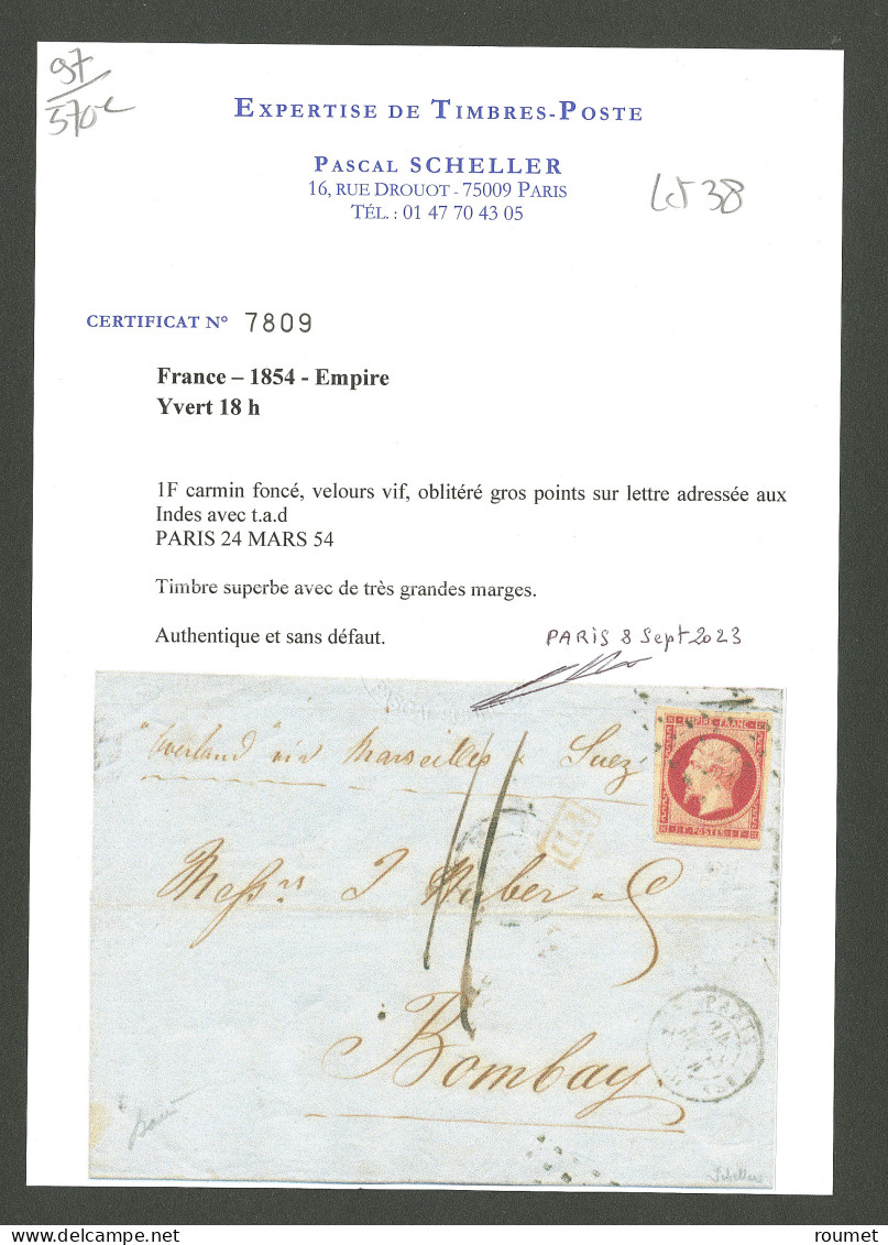 No 18a, Carmin Très Foncé Proche Du "velours", Deux Voisins, Obl Gros Points Sur Lettre De Mars 54 Pour Bombay, Jolie Pi - 1853-1860 Napoléon III.