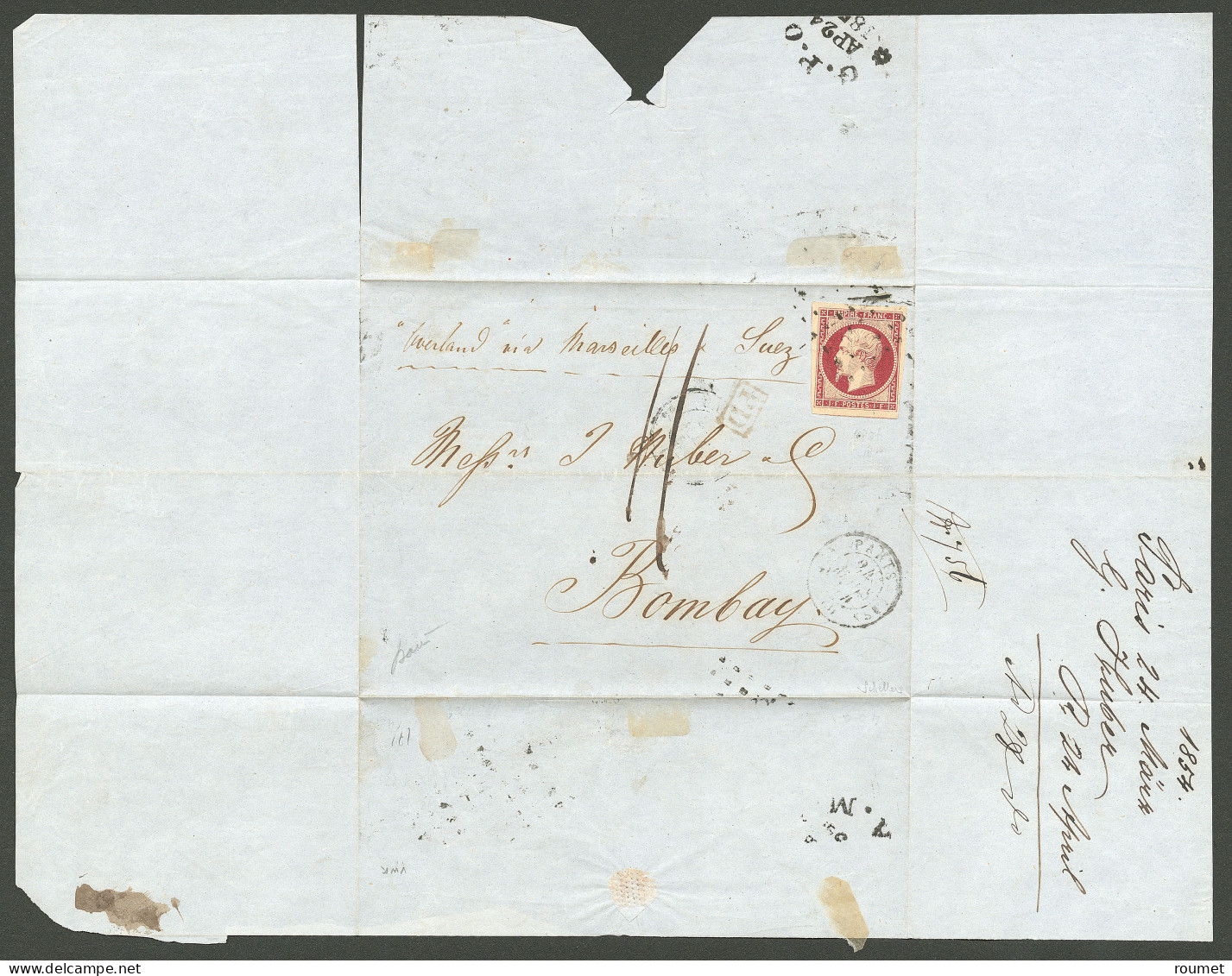 No 18a, Carmin Très Foncé Proche Du "velours", Deux Voisins, Obl Gros Points Sur Lettre De Mars 54 Pour Bombay, Jolie Pi - 1853-1860 Napoléon III