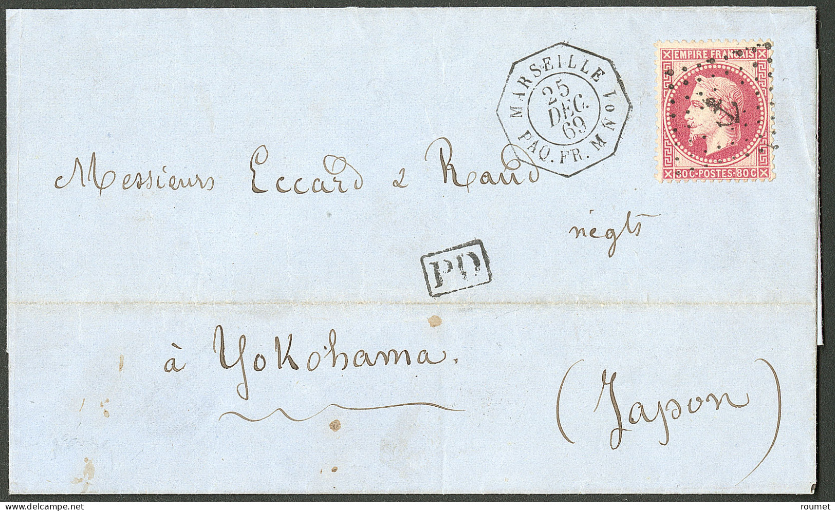 EMPIRE LAURE.Lettre.  Pour Yokohama. No 32 Obl Ancre, Sur Lettre Avec Cad Octog. "Marseille Paq.Fr. M N°1" De Déc 69, Ar - 1863-1870 Napoléon III. Laure