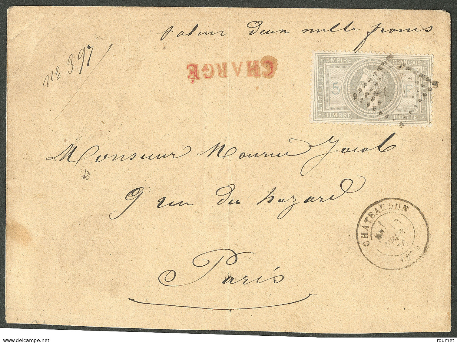 EMPIRE LAURE.Lettre.  No 33A, Seul Sur Enveloppe Chargée "valeur Deux Mille Francs" (descriptif De Chargement Au Verso), - 1863-1870 Napoleon III Gelauwerd