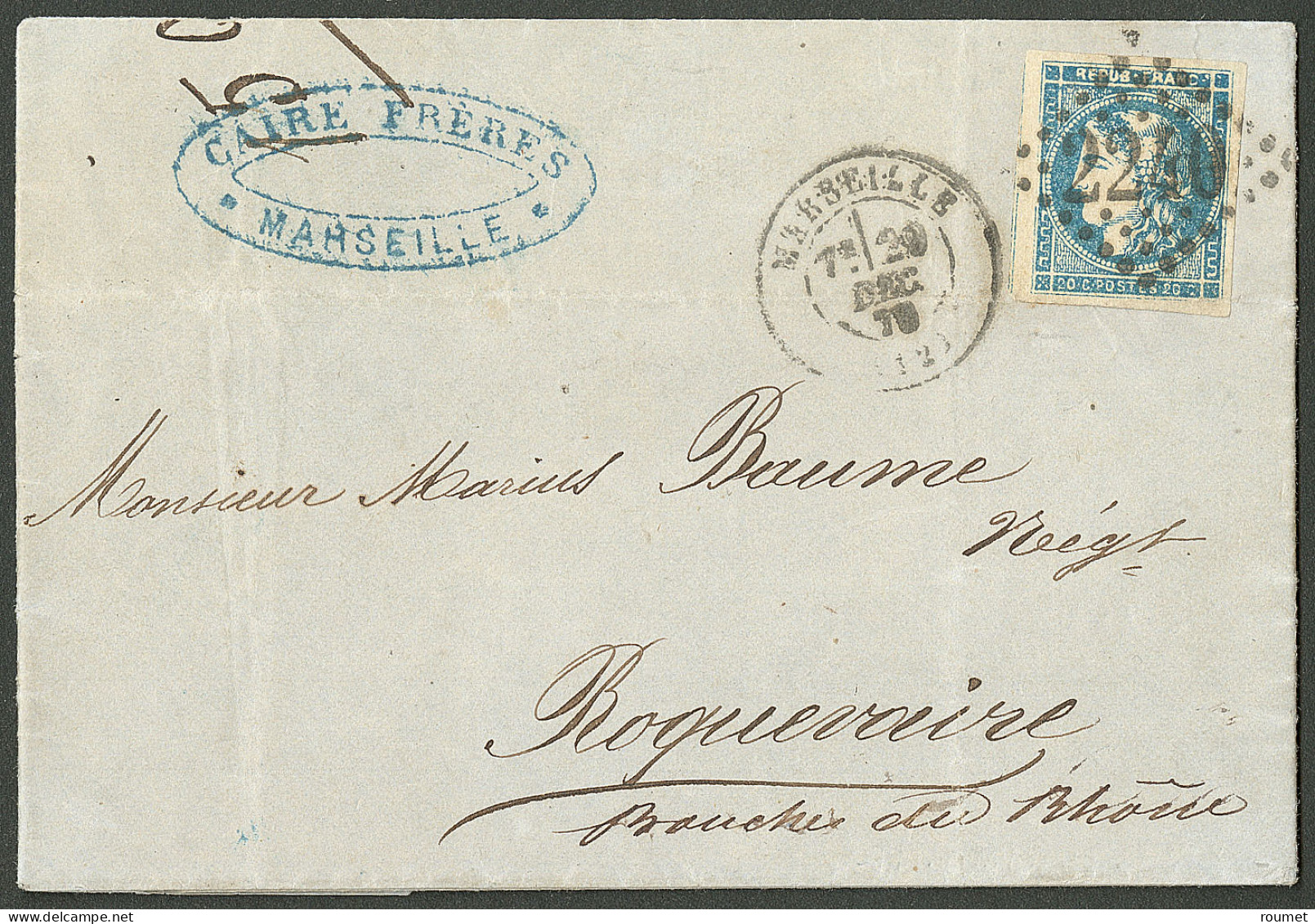 BORDEAUX.Lettre.  Faux De Marseille. No 46B Obl Gc 2240 Sur Lettre Non Taxée De Marseille Déc 70 Pour Roquevaire, Superb - 1870 Emission De Bordeaux