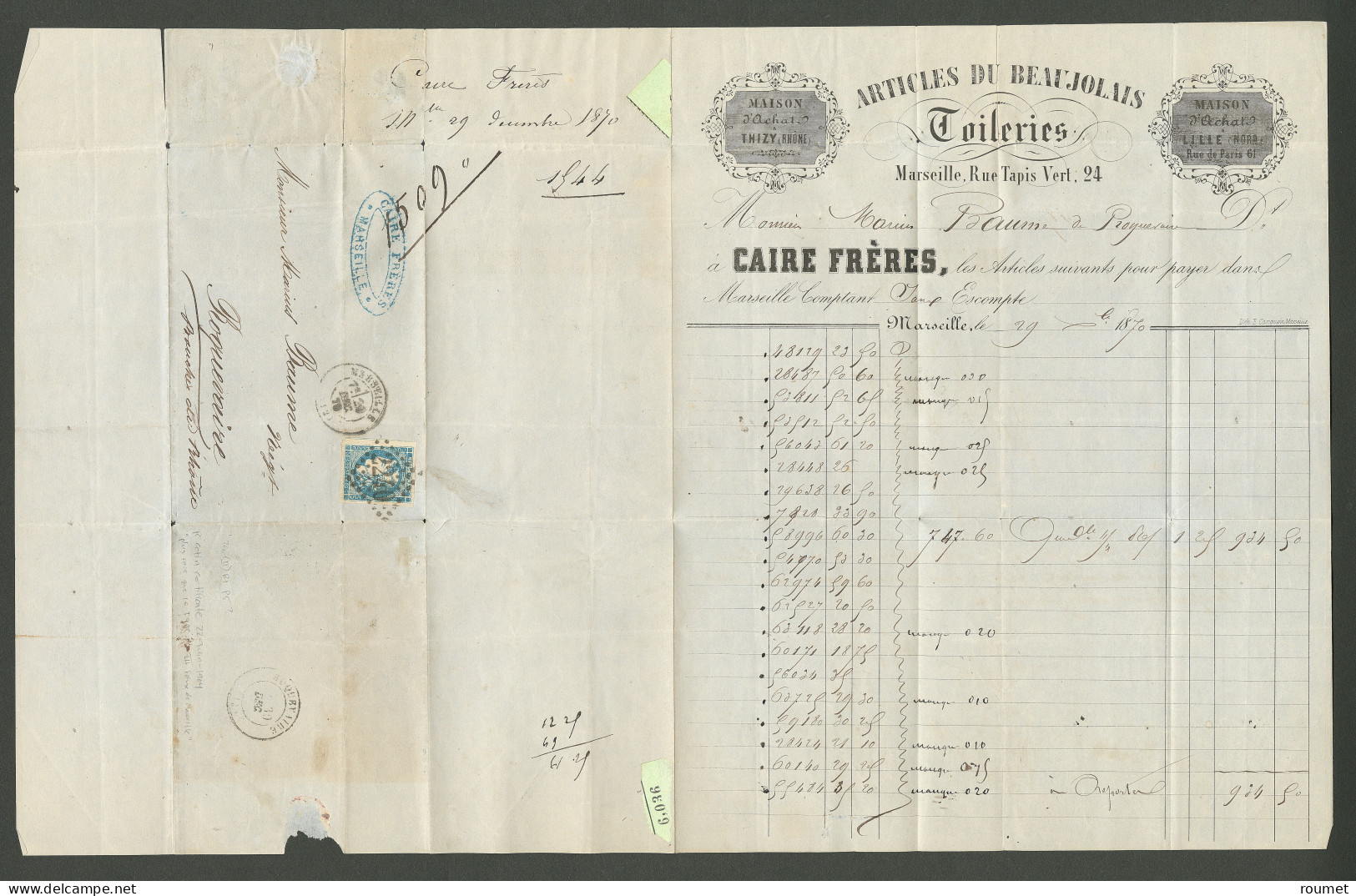 BORDEAUX.Lettre.  Faux De Marseille. No 46B Obl Gc 2240 Sur Lettre Non Taxée De Marseille Déc 70 Pour Roquevaire, Superb - 1870 Emissione Di Bordeaux