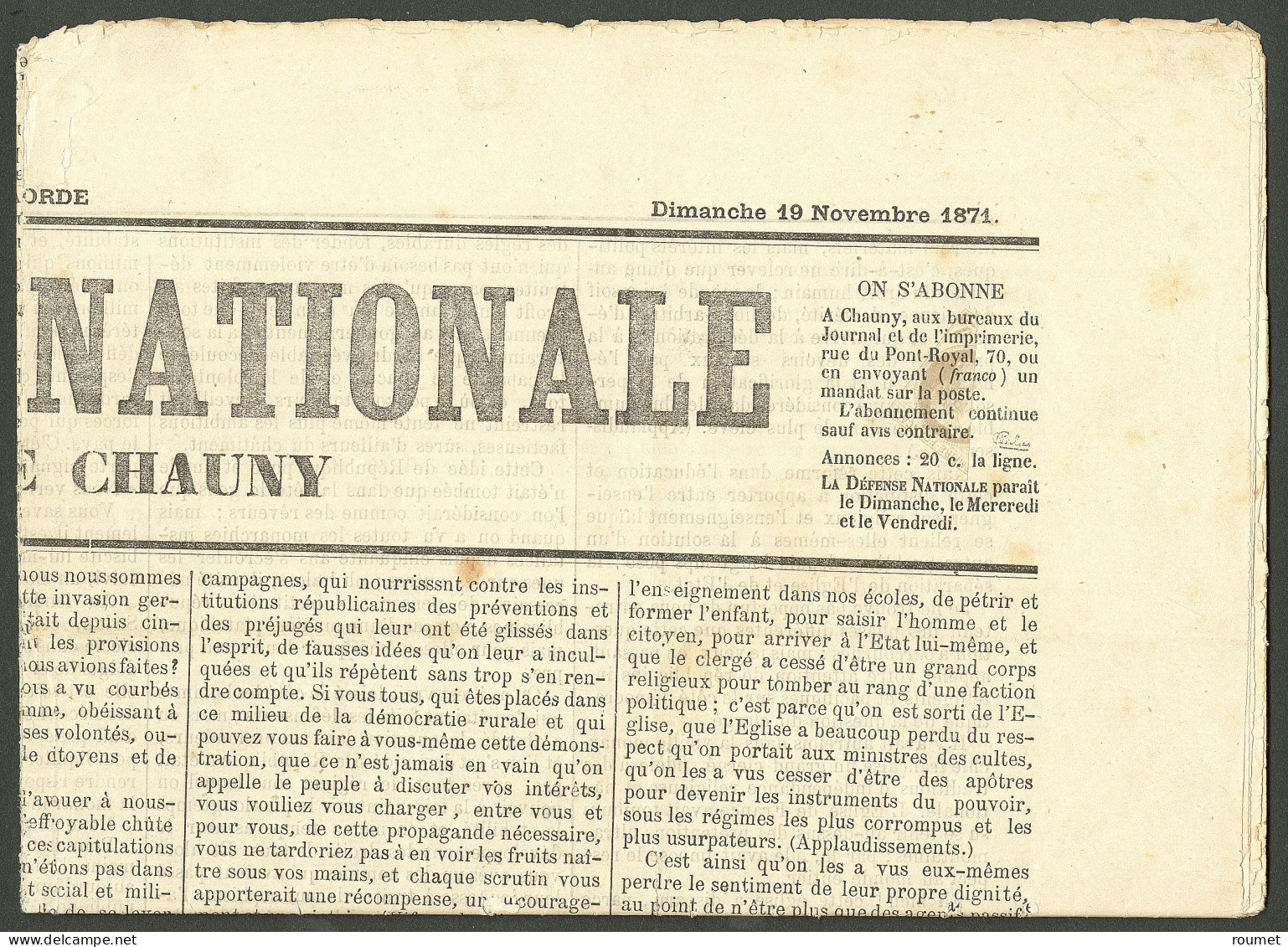 No 27 Coupé En Diagonale, Impression Typo Sur Journal Entier "La Défense Nationale - Journal De Chauny" 19 Nov 71, Très  - 1863-1870 Napoléon III. Laure