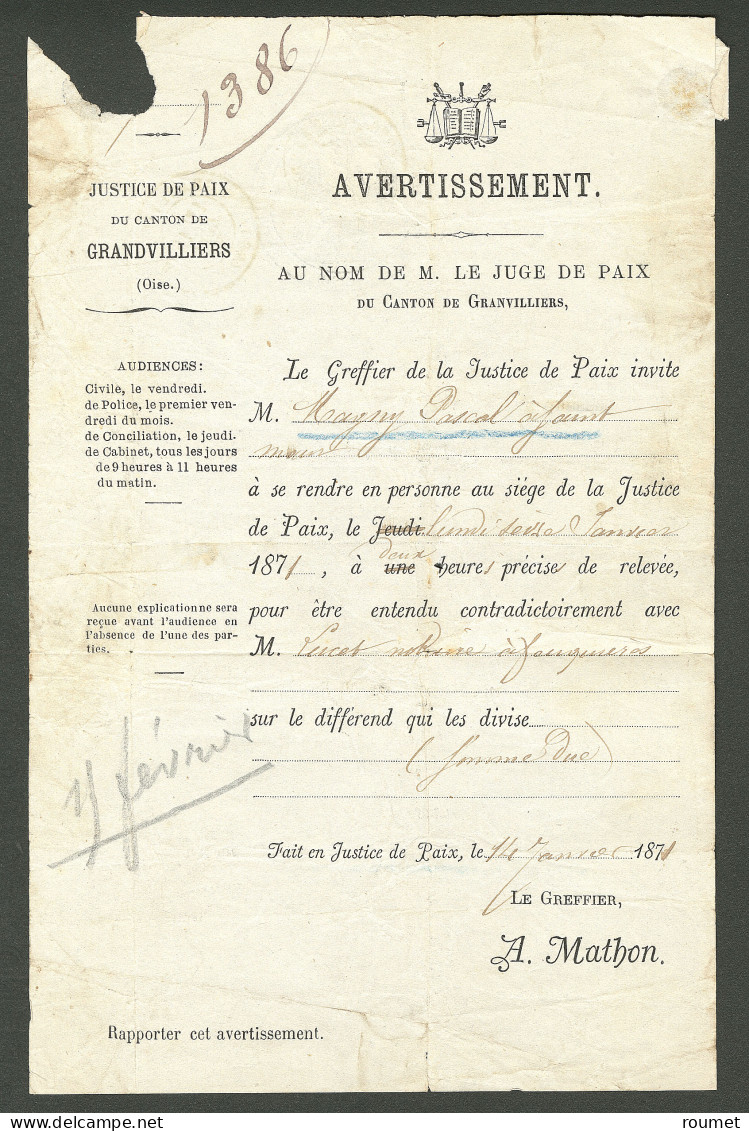Quart Du No 31, Obl Cad 17 Grandvilliers 15 Janv 71 Sur Avertissement De Justice Local, Superbe Et Unique - 1863-1870 Napoléon III Lauré