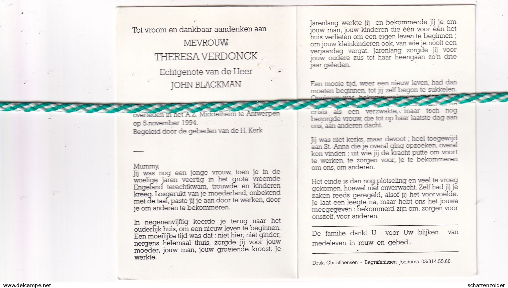 Theresa Verdonck-Blackman, Rijkevorsel 1928, Antwerpen 1994. Foto - Obituary Notices