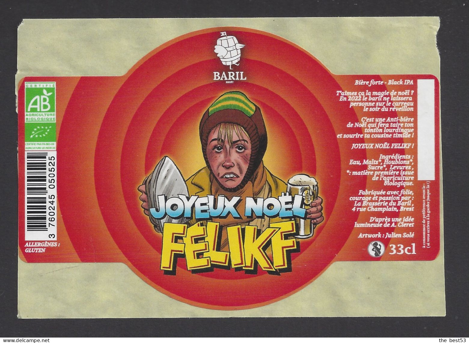 Etiquette De Bière  -  Joyeux Noël Felikf  -  Brasserie Du Baril à Brest (29) - Cerveza