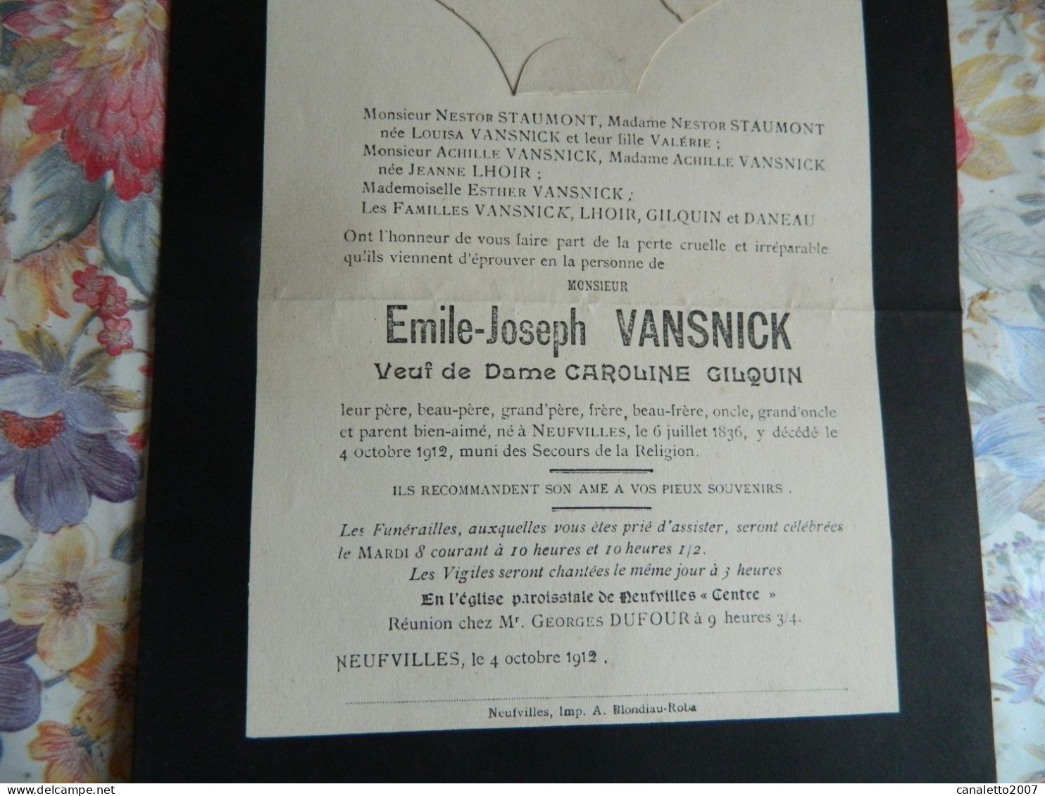 NEUFVILLES: FAIR PART DE DECE DE EMILE JOSEPH VANSNICK  VEUF CAROLINE GILQUIN 1836-1912 - Obituary Notices