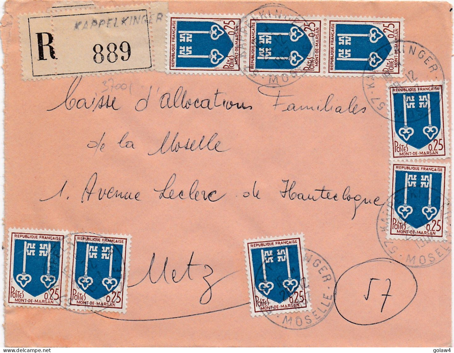 37001# LETTRE FRANCHISE PARTIELLE RECOMMANDE Obl KAPPELKINGER MOSELLE 1967 Pour METZ 57 - Storia Postale