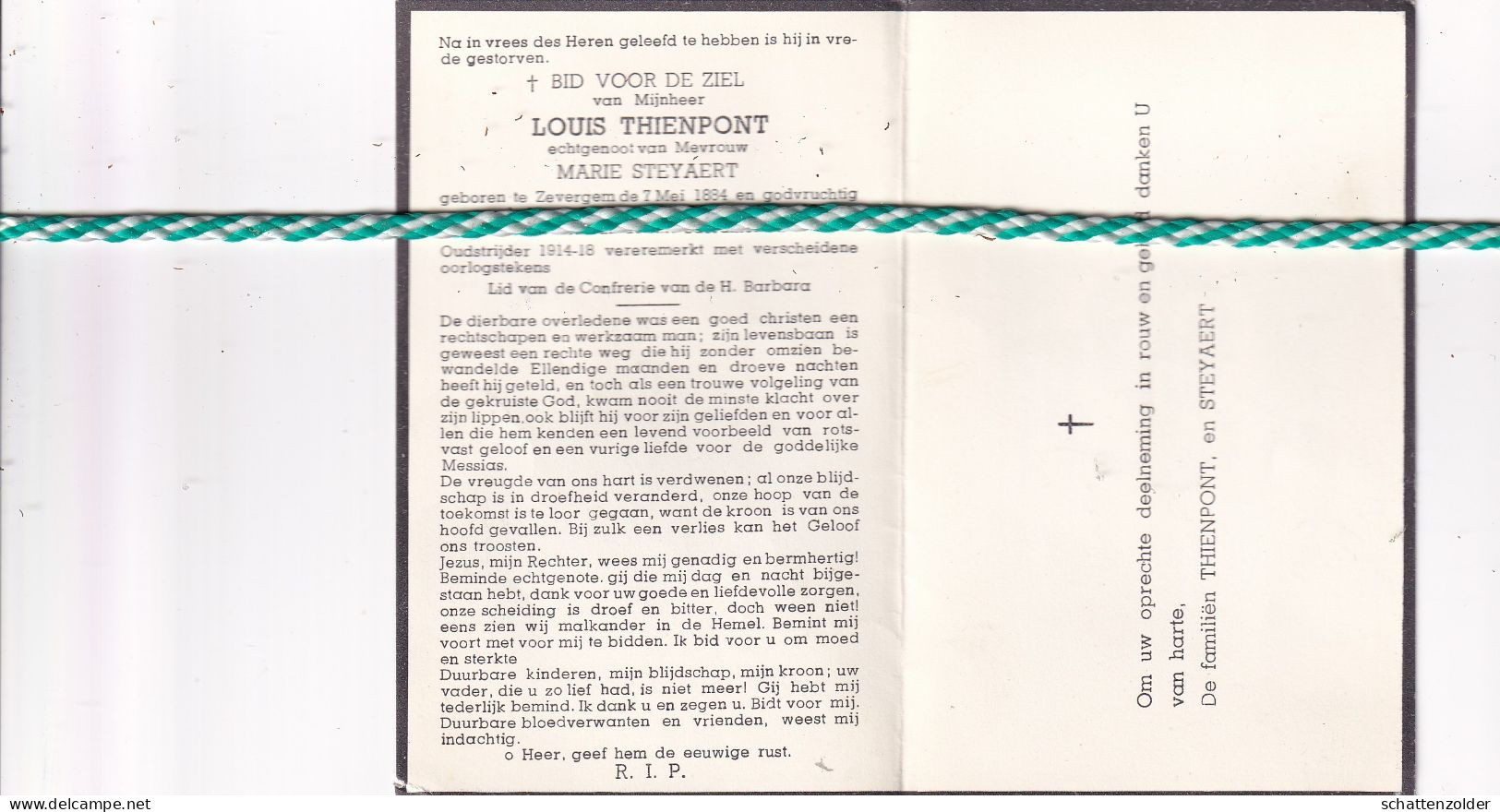 Louis Thienpont-Steyaert, Zevergem 1884, De Pinte 1954. Oud-strijder 14-18 - Obituary Notices