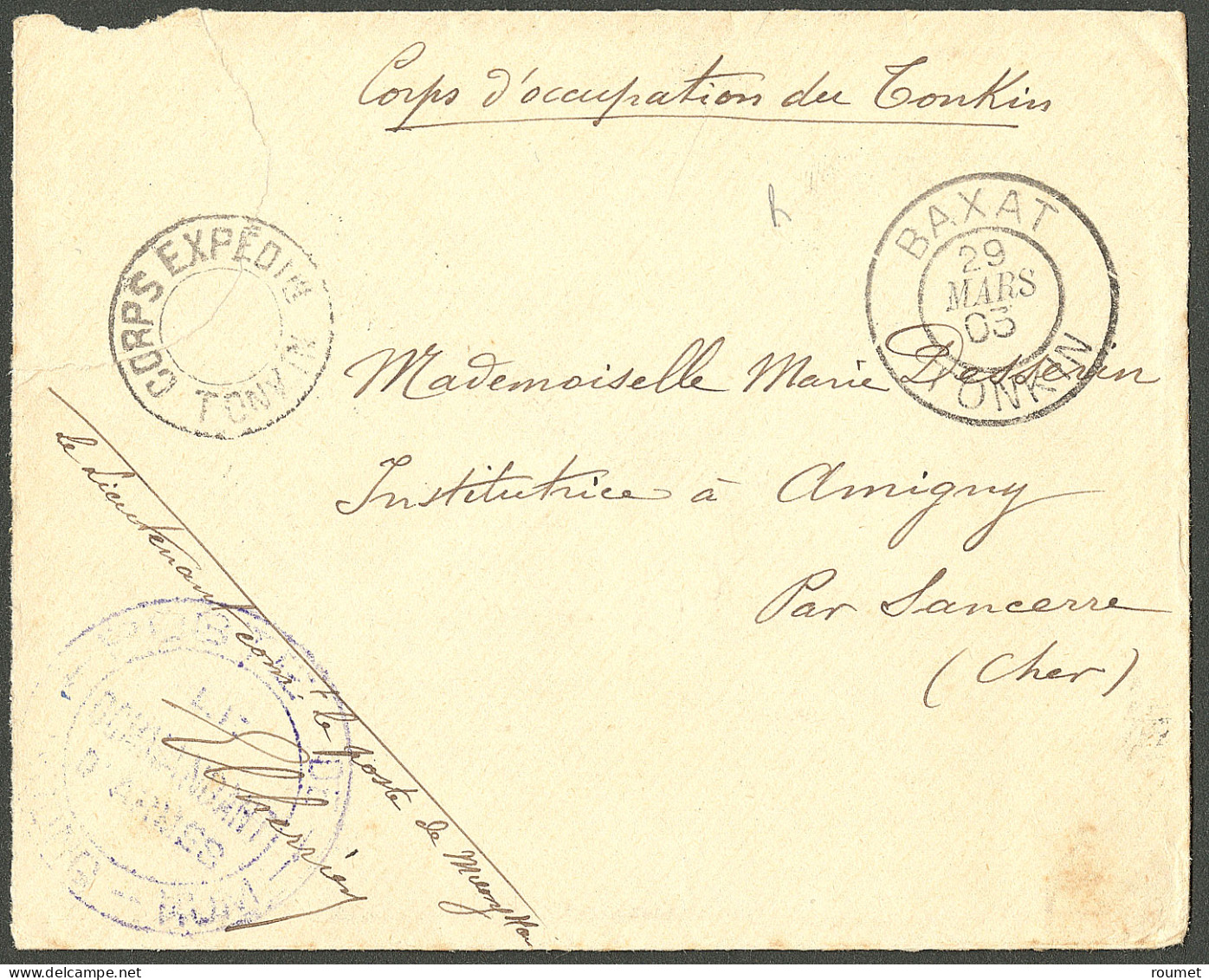 Lettre Cad "Baxat/Tonkin" Mars 1903 Sur Enveloppe En FM Pour Sancerre. - TB - Other & Unclassified