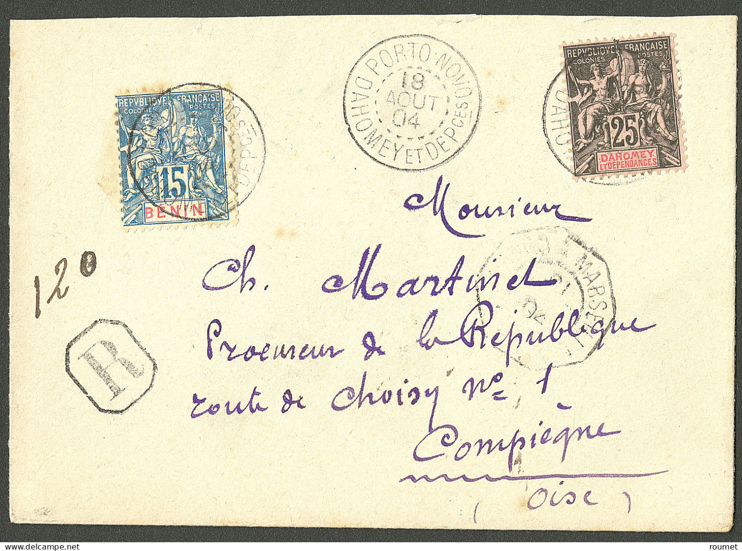 Lettre Cad "Porto Novo" Août 1904 Sur N°25 + Dahomey 1, Sur Enveloppe Recommandée Pour La France. - TB - Other & Unclassified