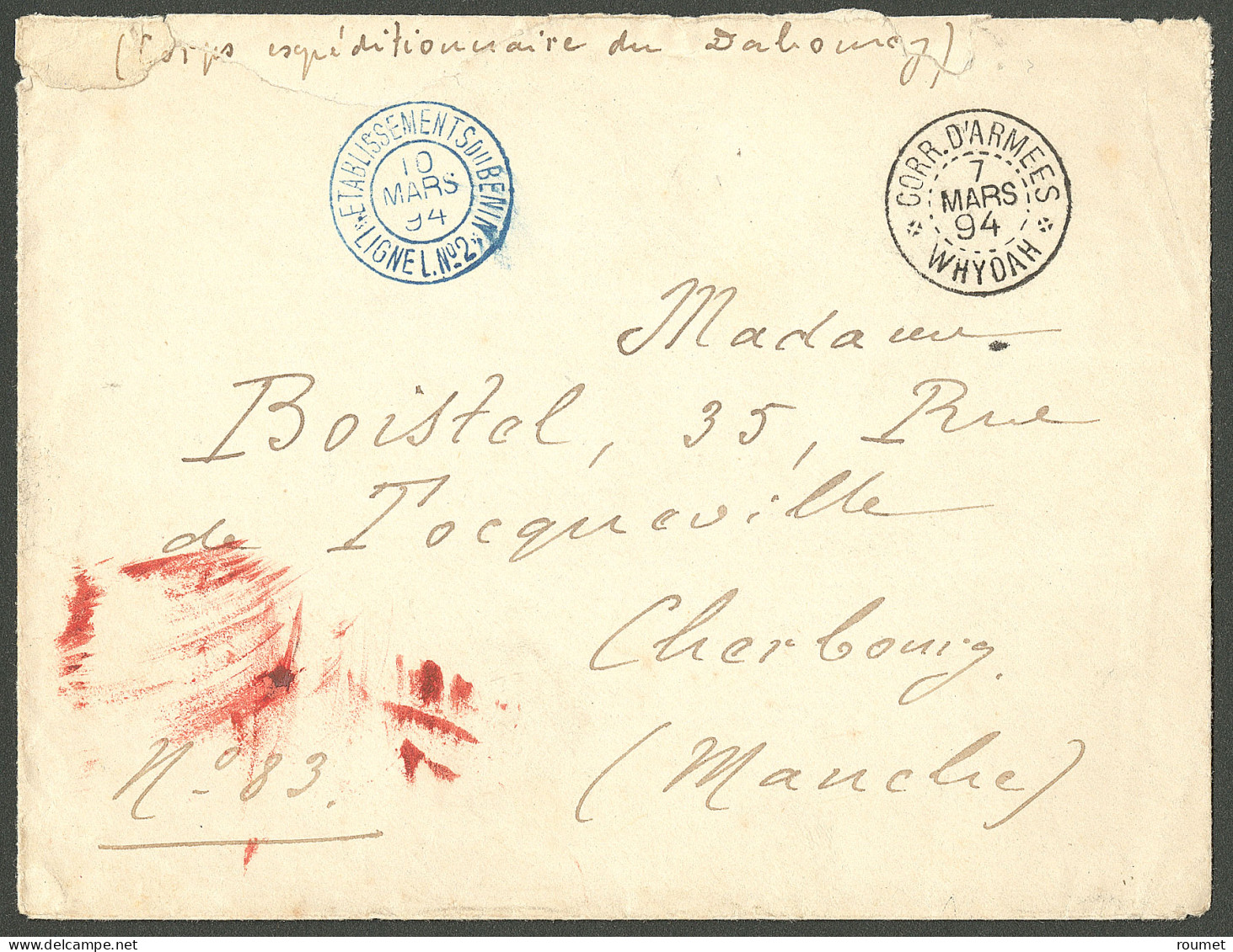 Lettre Cad "Corr. D'Armées/Whydah" Mars 94 Sur Enveloppe En FM Pour Cherbourg, à Côté Cad Bleu "Etablissements Du Benin/ - Autres & Non Classés