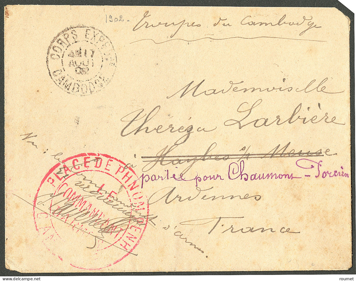 Lettre Cad "Corps Expedre/Cambodge" Août 1902 Sur Enveloppe En FM Pour La France, à Côté, Grand Cachet Rouge Du Commanda - Kambodscha