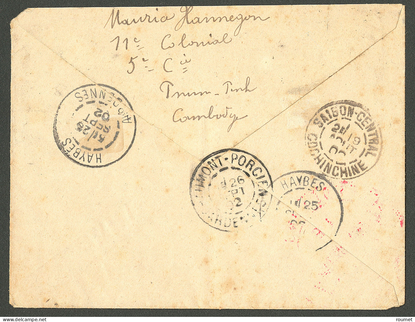 Lettre Cad "Corps Expedre/Cambodge" Août 1902 Sur Enveloppe En FM Pour La France, à Côté, Grand Cachet Rouge Du Commanda - Camboya