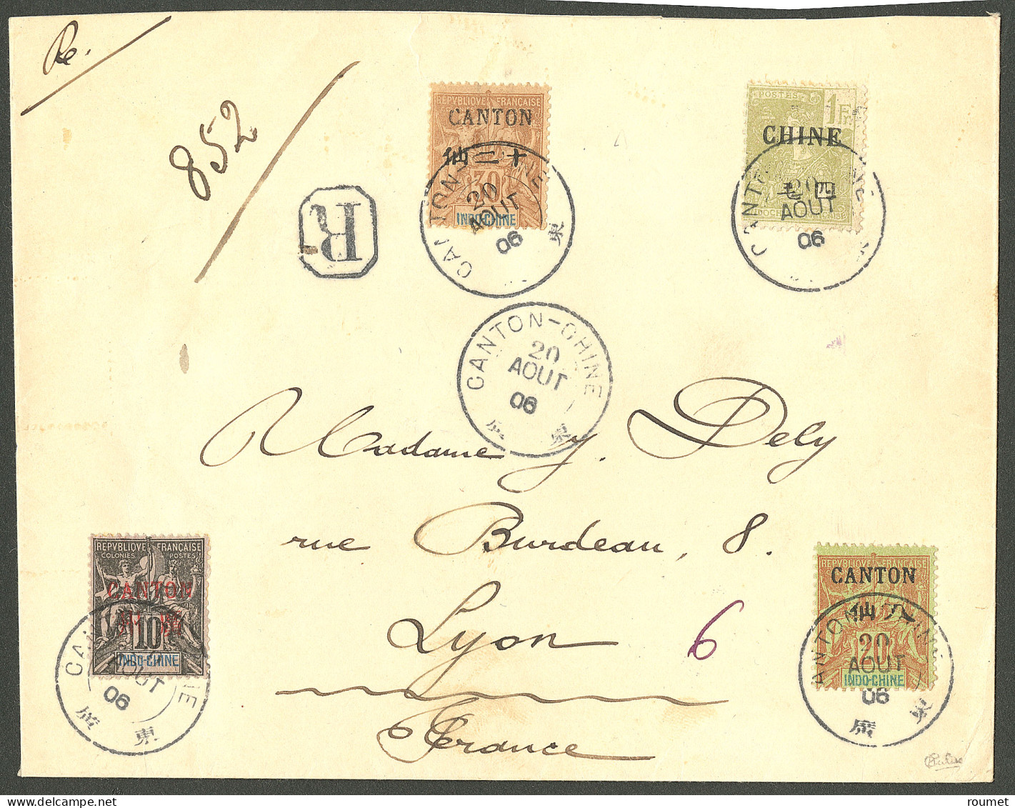 Lettre Cad "Canton-Chine" Août 1906 Sur Chine 47 + Canton 6 + 23 + 26, Sur Enveloppe Recommandée Pour Lyon. - TB. - R - Altri & Non Classificati