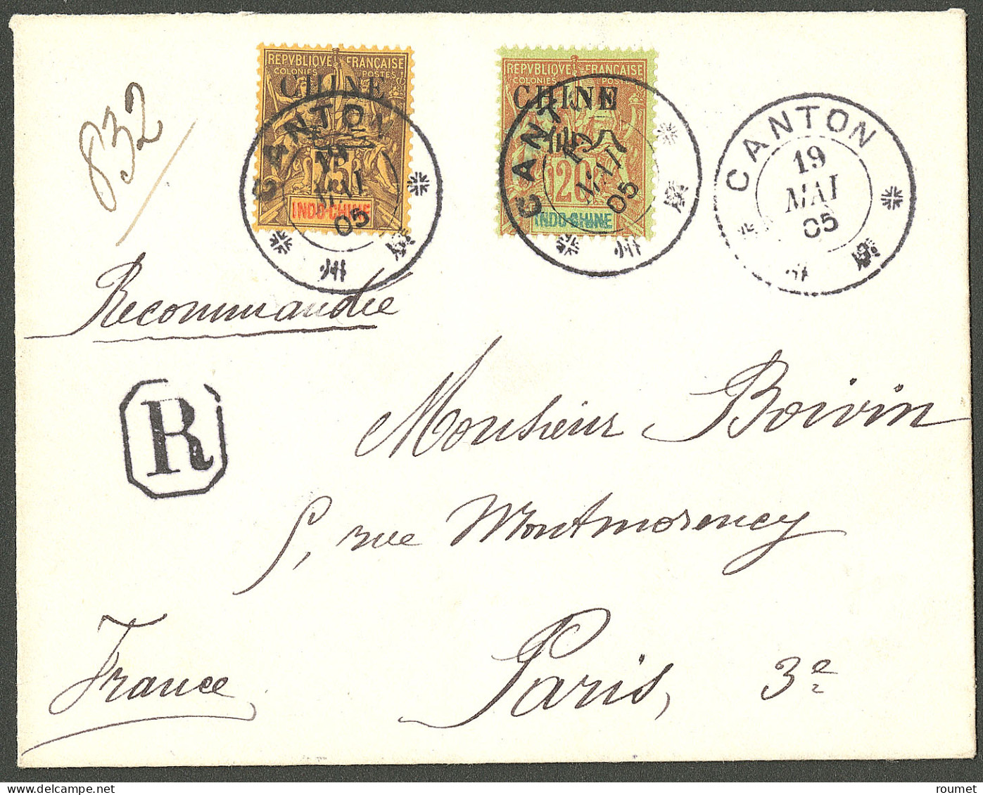 Lettre Cad "Canton" Mai 1905, Sur N°54 + 60 Sur Enveloppe Recommandée Pour Paris. - TB - Other & Unclassified
