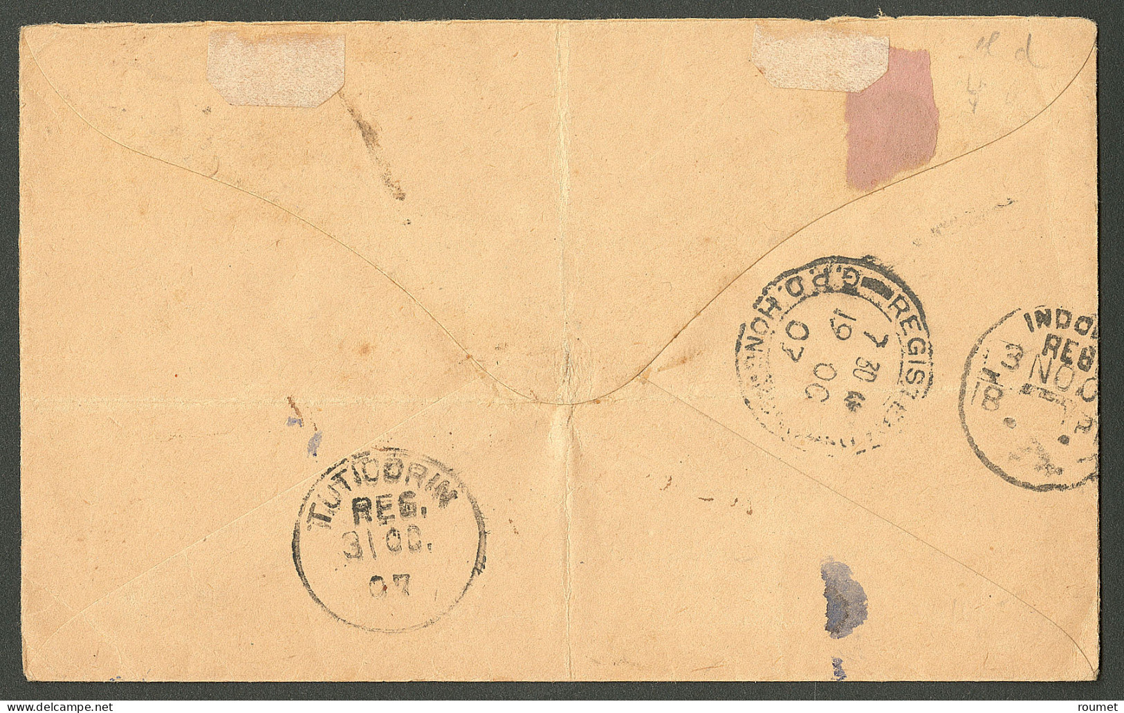 Lettre Cad "Canton-Chine" Oct 1907 Sur Canton 37 + 43 Sur Enveloppe Recommandée Pour L'Inde, Arr. Tuticorin (Thoothukudi - Other & Unclassified