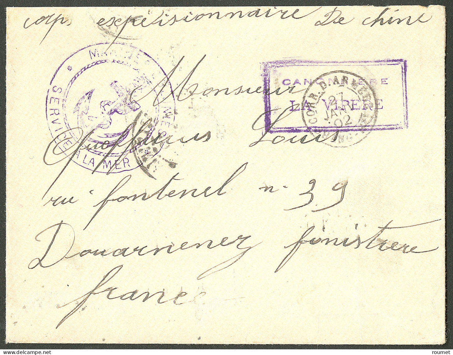 Lettre Cad "Corr. D'Armées/Shang-Hai" Janv 1902 Sur Enveloppe En FM Pour La France, Au Recto Griffe Encadrée Violette "C - Autres & Non Classés
