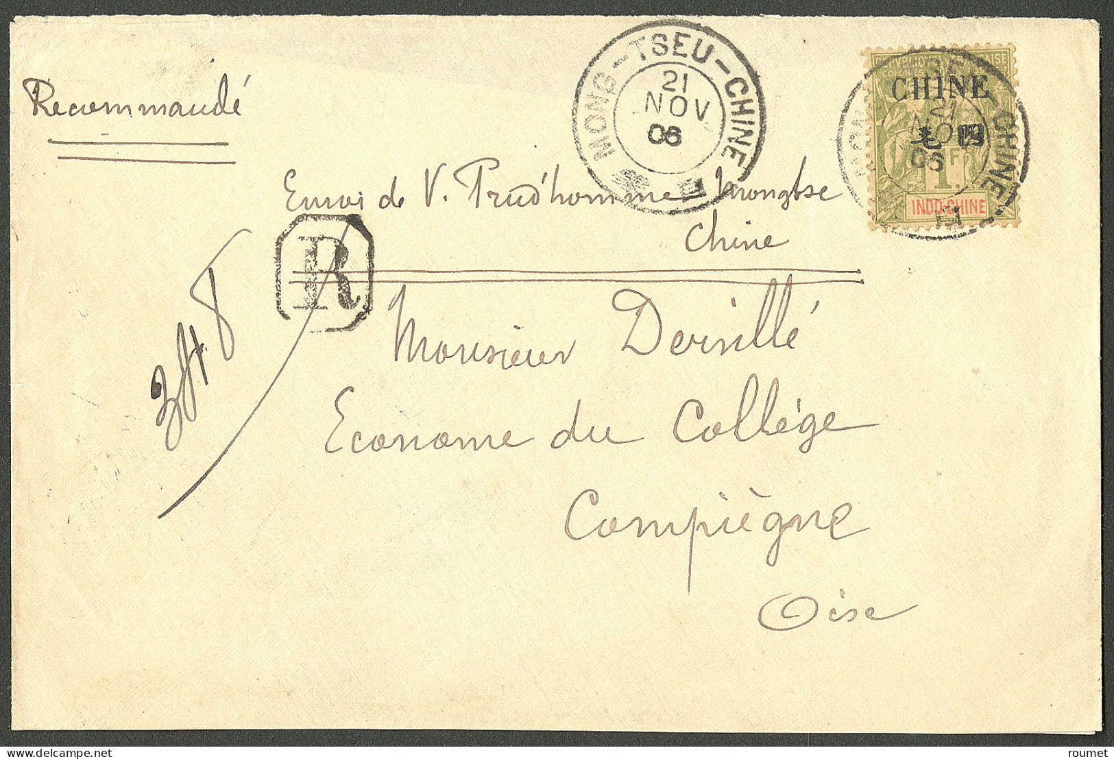 Lettre Cad "Mong-Tseu-Chine" Nov 1906 Sur N°61, Sur Enveloppe Recommandée Pour Compiègne. - TB - Otros & Sin Clasificación