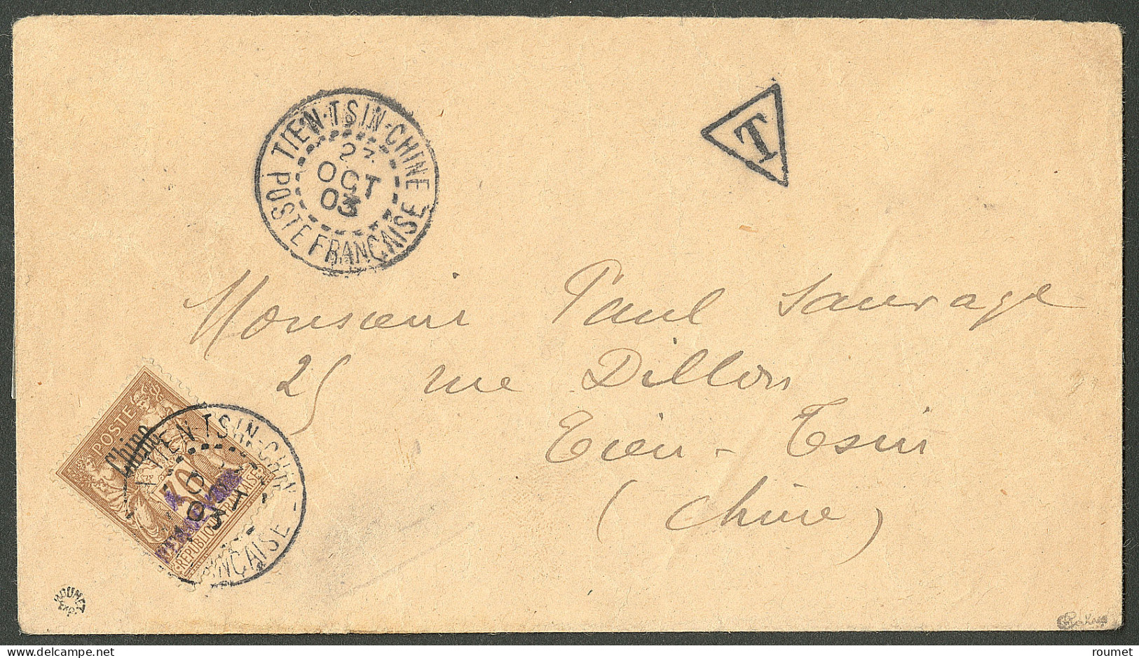 Lettre Taxe. No 9a, Surcharge Violette, Obl Cad "Tien-tsin Chine" Oct 1903 Sur Enveloppe Locale Non Affie. - TB. - R - Sonstige & Ohne Zuordnung