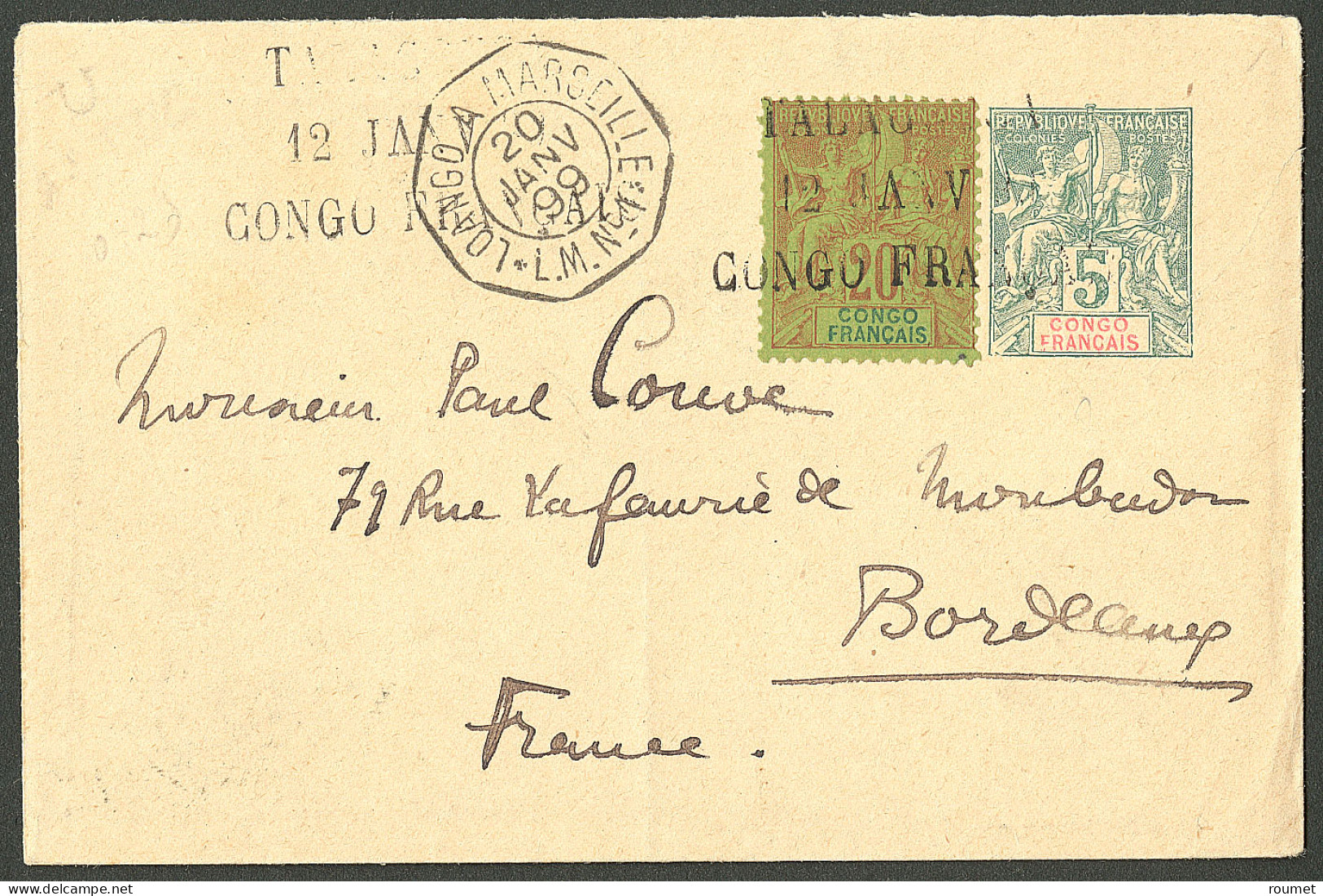 Lettre Griffe Linéaire "Talagouga/Congo-Français" Janv 99 Sur Entier 5c Vert + 18, Sur Enveloppe Pour Bordeaux, à Côté C - Sonstige & Ohne Zuordnung