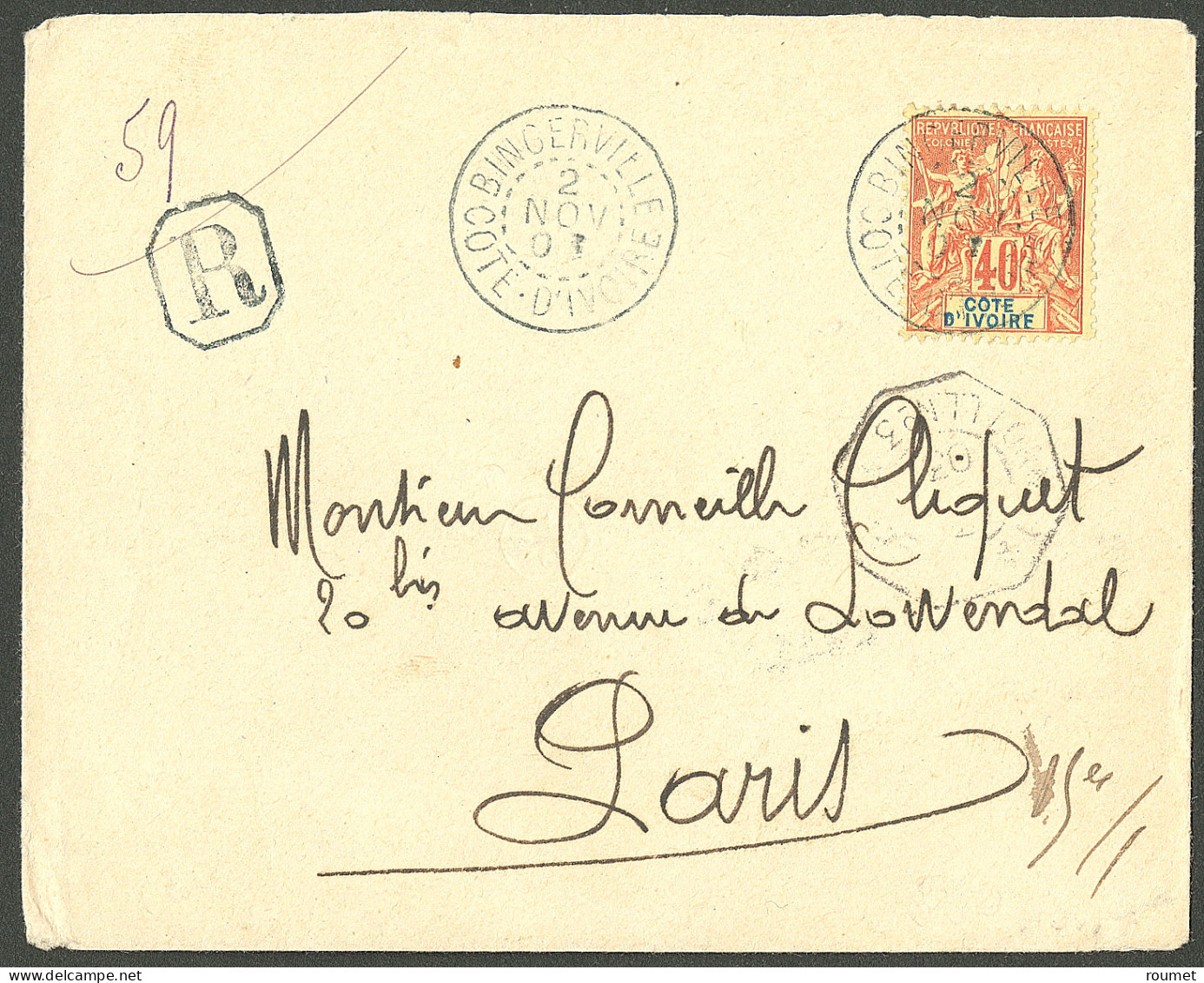 Lettre Cad Bleu "Bingerville/Côte D'Ivoire". No 10 Sur Enveloppe Recommandée Pour Pari S, 1901. - TB - Altri & Non Classificati