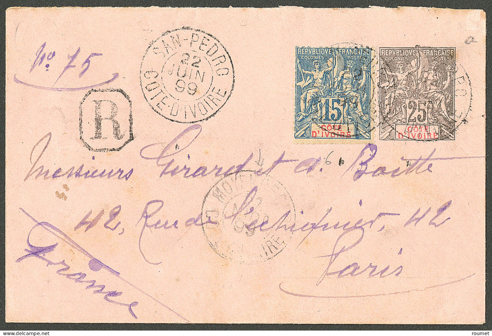 Lettre Cad "San Pedro/Côte D'Ivoire". Entier 25c + No 6 Sur Enveloppe Recomm. Pour Paris, 1899. - TB. - R - Autres & Non Classés