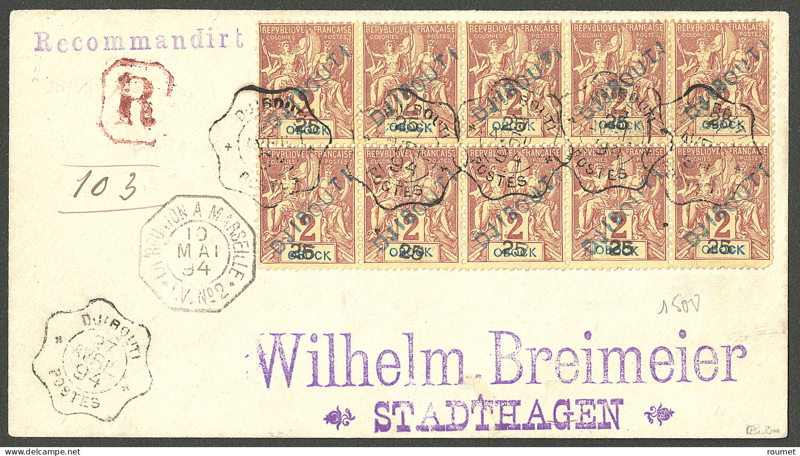 Lettre Cad "Djibouti/Postes". No 2, Bloc De 10 Sur Lettre Recomm. Pour L'Allemagne, 1894. - TB. - R - Sonstige & Ohne Zuordnung