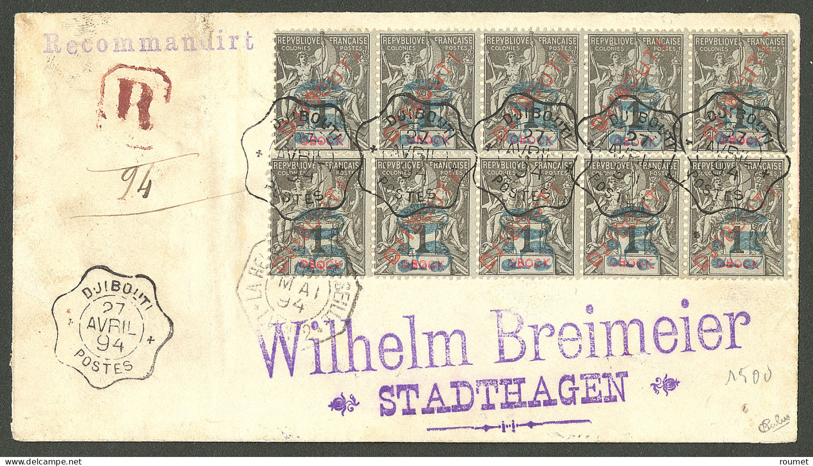 Lettre Cad "Djibouti/Postes". No 3, Bloc De 10 Sur Lettre Recomm. Pour L'Allemagne, 1894. - TB - R. - Sonstige & Ohne Zuordnung