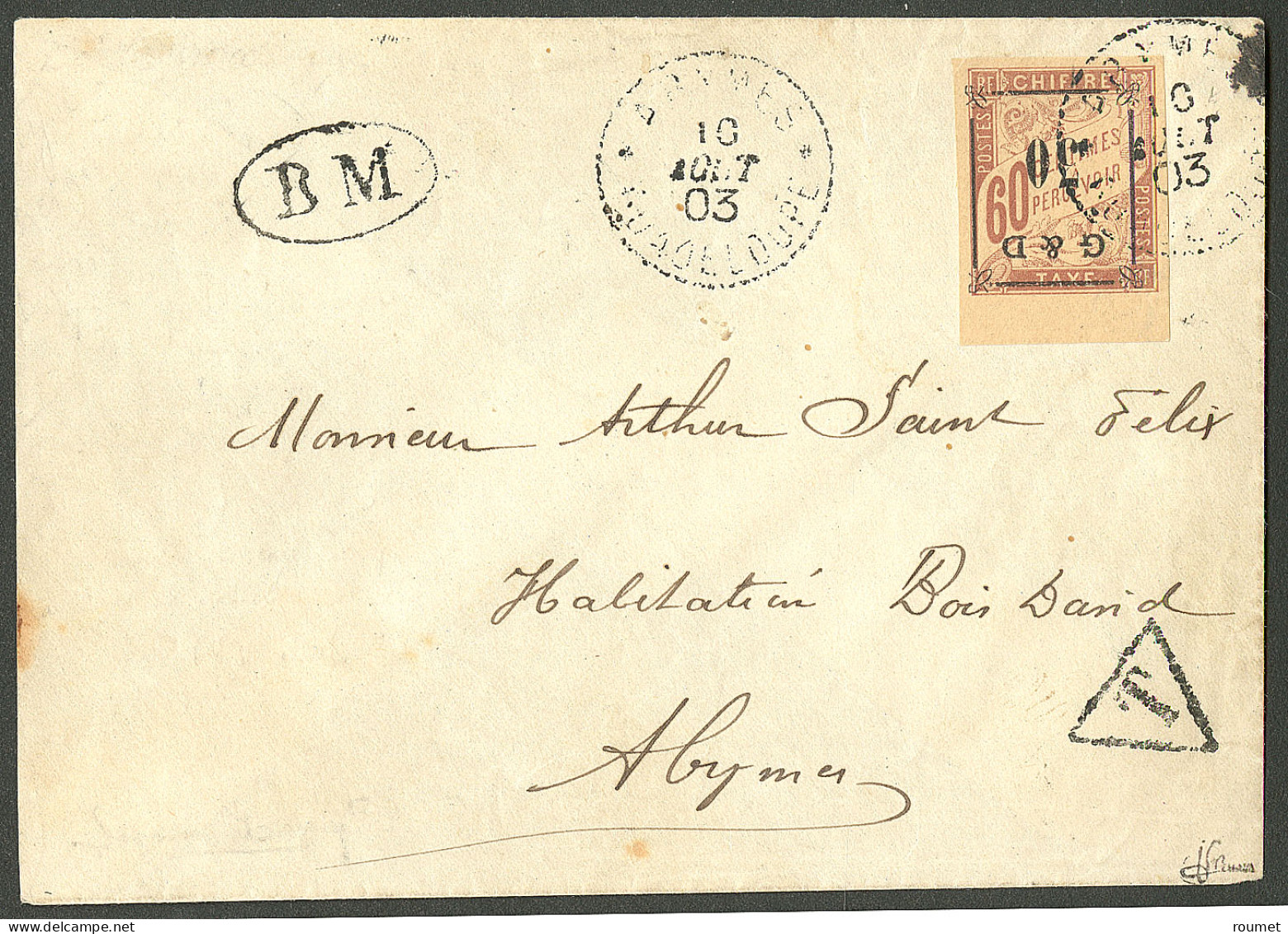 Lettre Cad "Abymes/Guadeloupe" Août 1903 Sur Taxe N°13Aa (surch. Renversée) Bdf, Sur Enveloppe Avec Cachet Ovale "BM". - - Andere & Zonder Classificatie