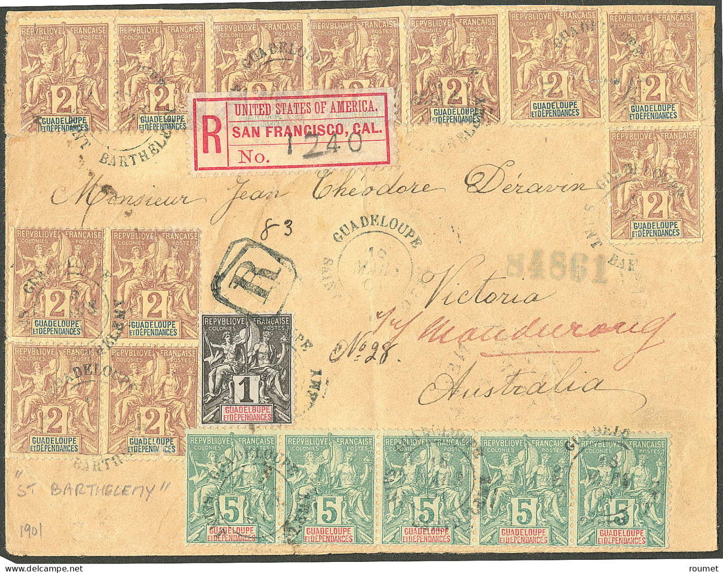 Lettre Cad Bleu "Guadeloupe/Saint Barthelemy" Mars 1901 Sur N°27 + 28 (12) + 30 Bande De Cinq, Sur Enveloppe Recomm. Pou - Autres & Non Classés