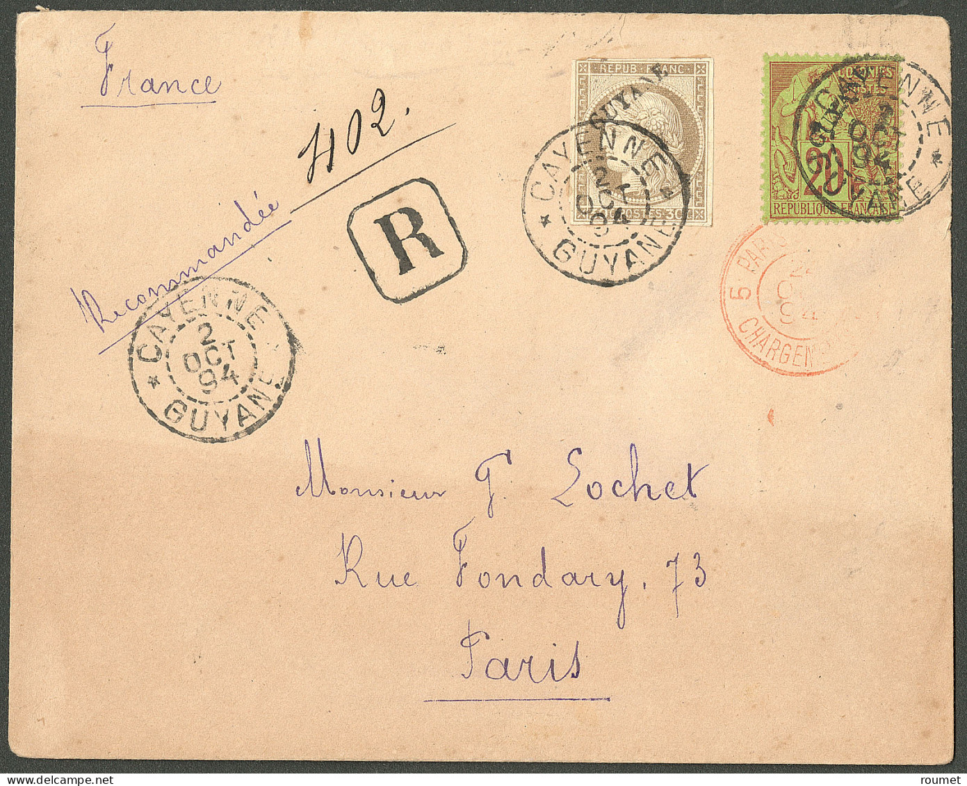 Lettre Cad "Cayenne/Guyane". Nos 10 + 22 Sur Enveloppe Recommandée Pour Paris, 1894. - TB. - R - Andere & Zonder Classificatie