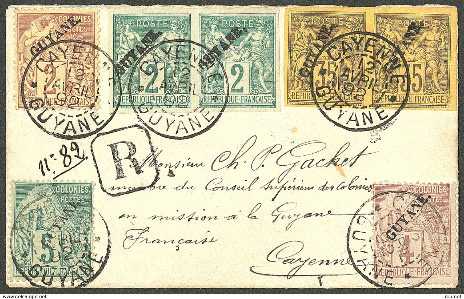Lettre Cad "Cayenne/Guyane", Nos 11 Paire + 12 Paire + 17 + 18 + 19 Sur Enveloppe Recomm. Pour Cayenne, 1892. - TB. - RR - Altri & Non Classificati