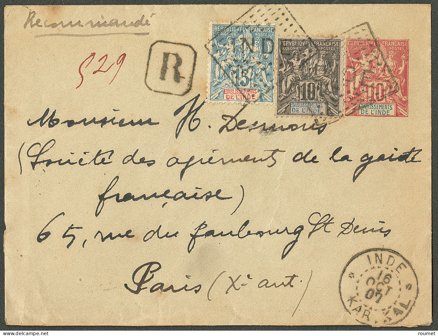 Lettre Carré De Karikal Sur Entier 10c Rouge + 5 + 6, à Côté Cad "Inde/Karikal" Oct 1907, Pour Paris. - TB - Andere & Zonder Classificatie