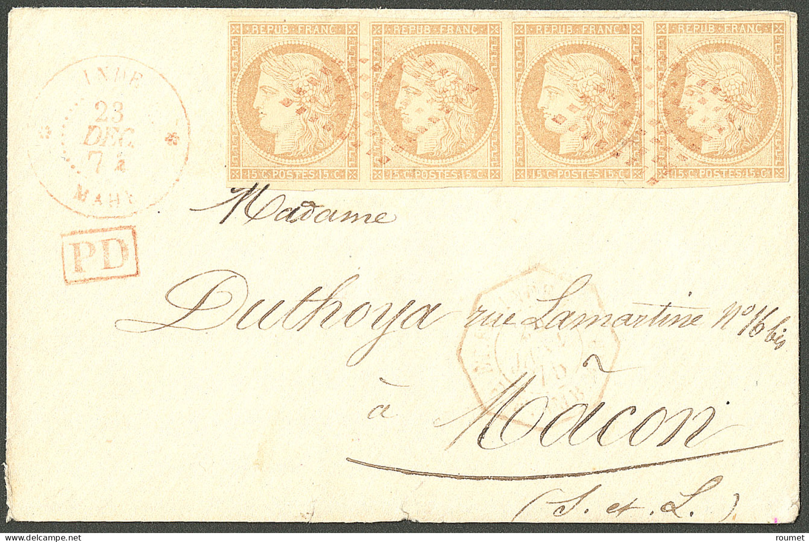 Lettre Précurseurs. Losange Rouge Sur CG 22 Bande De Quatre. Cad Rouge "Inde/Mahé". Enveloppe Pour Macon, 1874. - TB - R - Other & Unclassified
