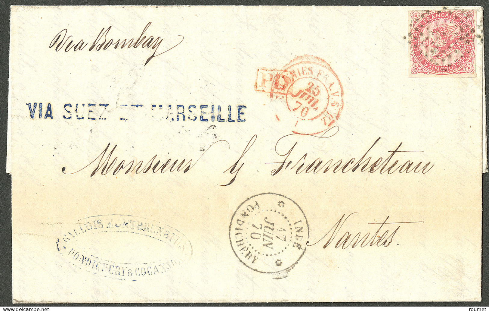 Lettre Losange Sur CG 6. Cad "Inde/Pondichéry" Sur Enveloppe Pour Nantes, 1870. - TB. - R - Andere & Zonder Classificatie