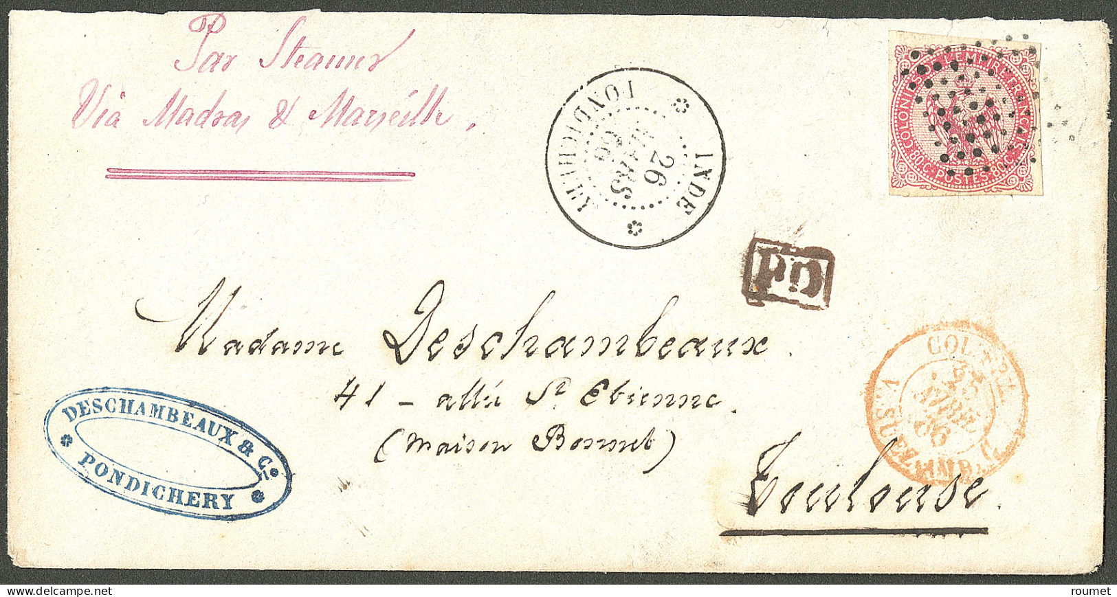 Lettre Losange Sur CG 6. Cad "Inde/Pondichéry" Sur Enveloppe Pour Toulouse, 1866. TB. - R. - Otros & Sin Clasificación