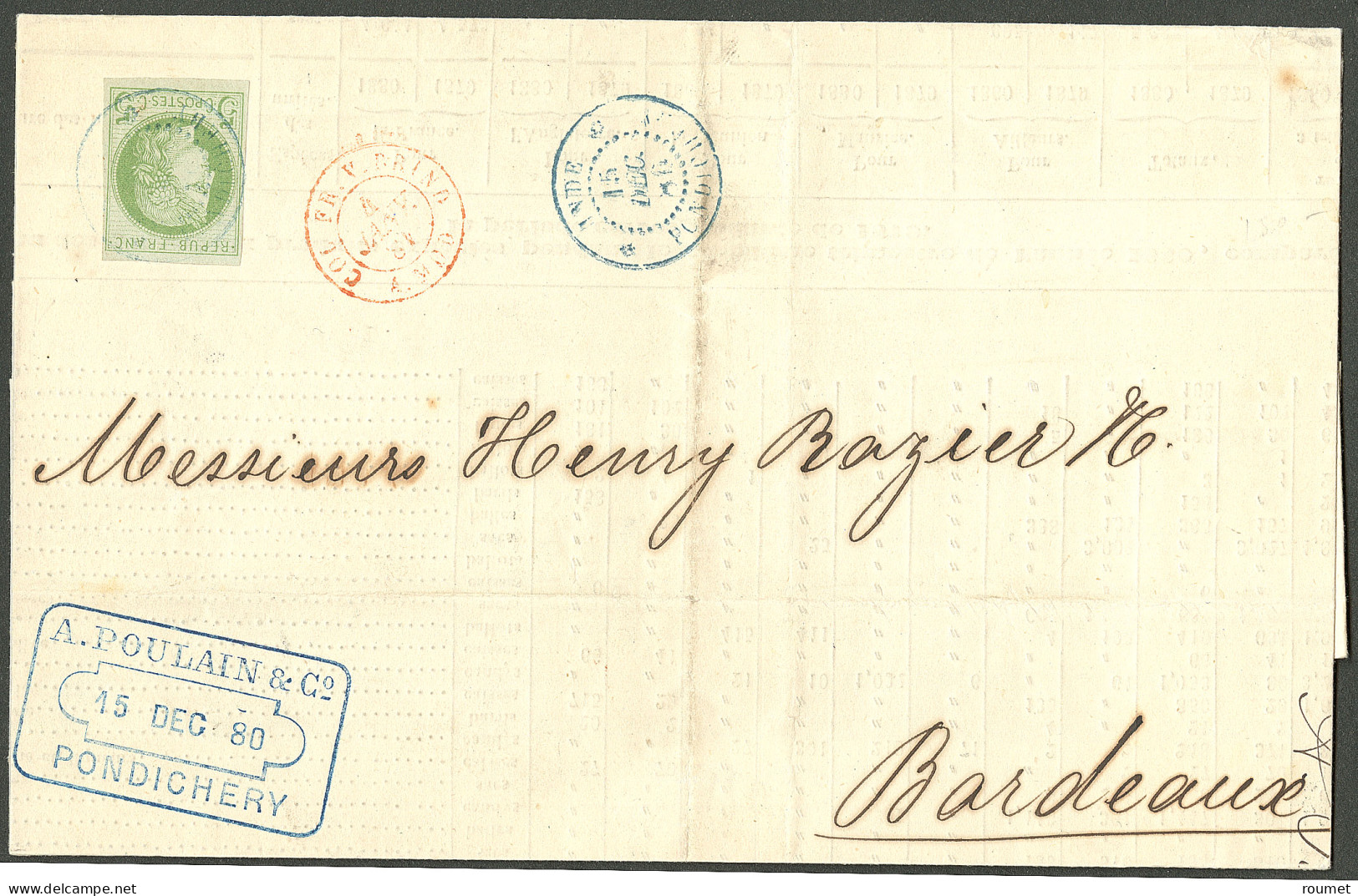 Lettre Cad Bleu "Inde/Pondichéry. CG No 17 Sur Imprimé Complet Pour Bordeaux, 1880. TB. - R. - Sonstige & Ohne Zuordnung