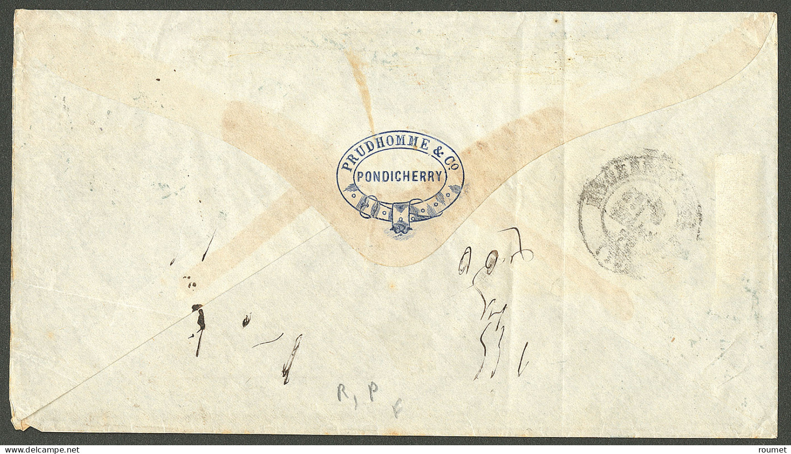 Lettre Cad Bleu "Inde/Pondichéry". CG Nos 17 + 32 + 34 Sur Lettre Pour Rochefort, 1879. TB. - R. - Other & Unclassified