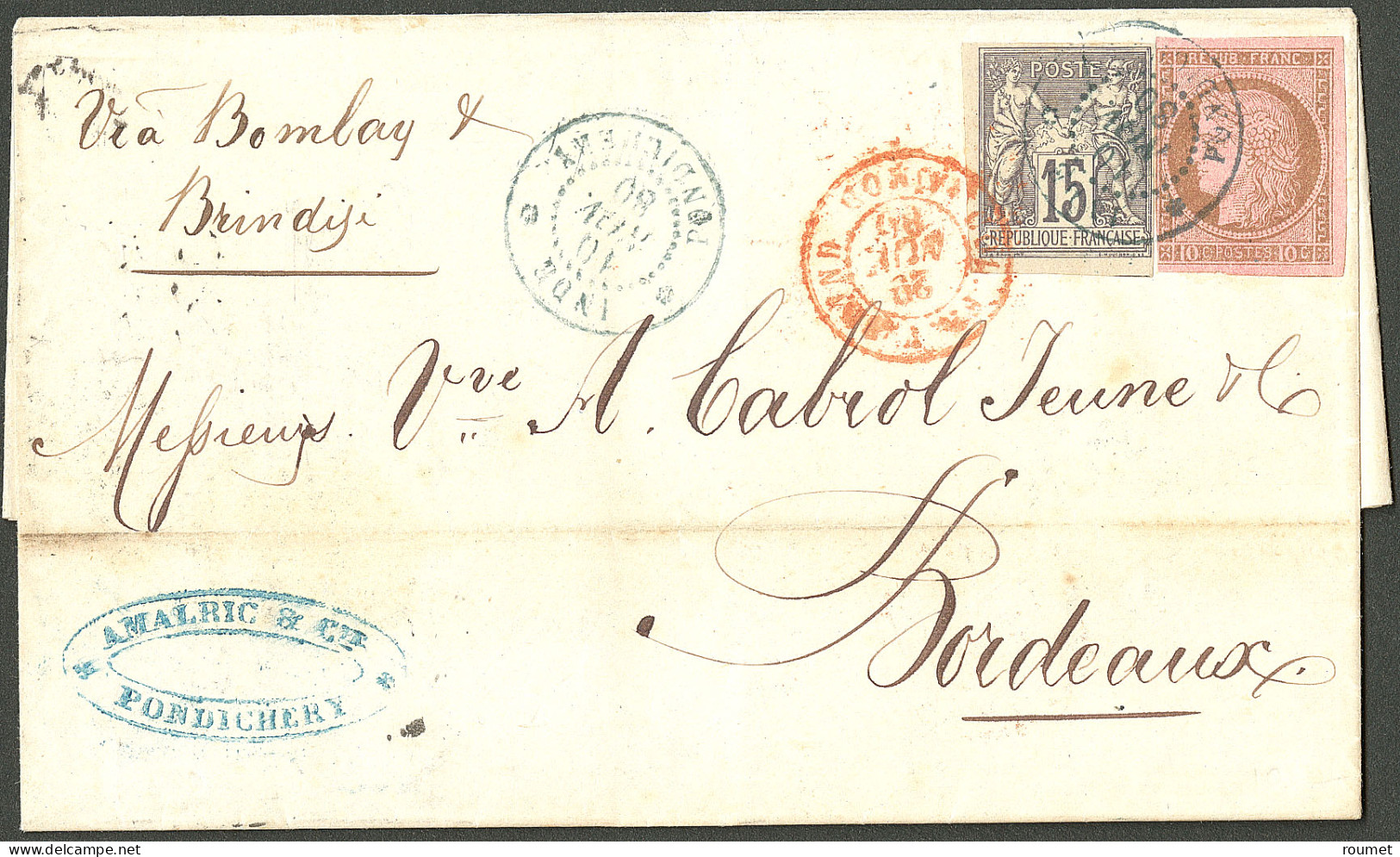 Lettre Cad Bleu "Inde/Pondichéry". CG 18 + 33 Sur Enveloppe Pour Bordeaux, 1880. - TB - R - Otros & Sin Clasificación