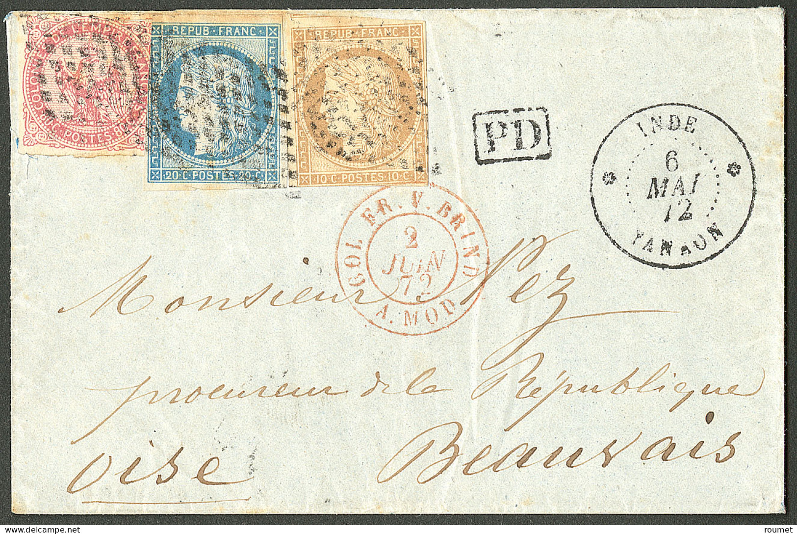 Lettre Affranchissement Tricolore, Deux émissions. CG 6 + 11 + 12 Obl Losange, à Côté Cad "Inde/Yanaon" 1872, Sur Envelo - Sonstige & Ohne Zuordnung